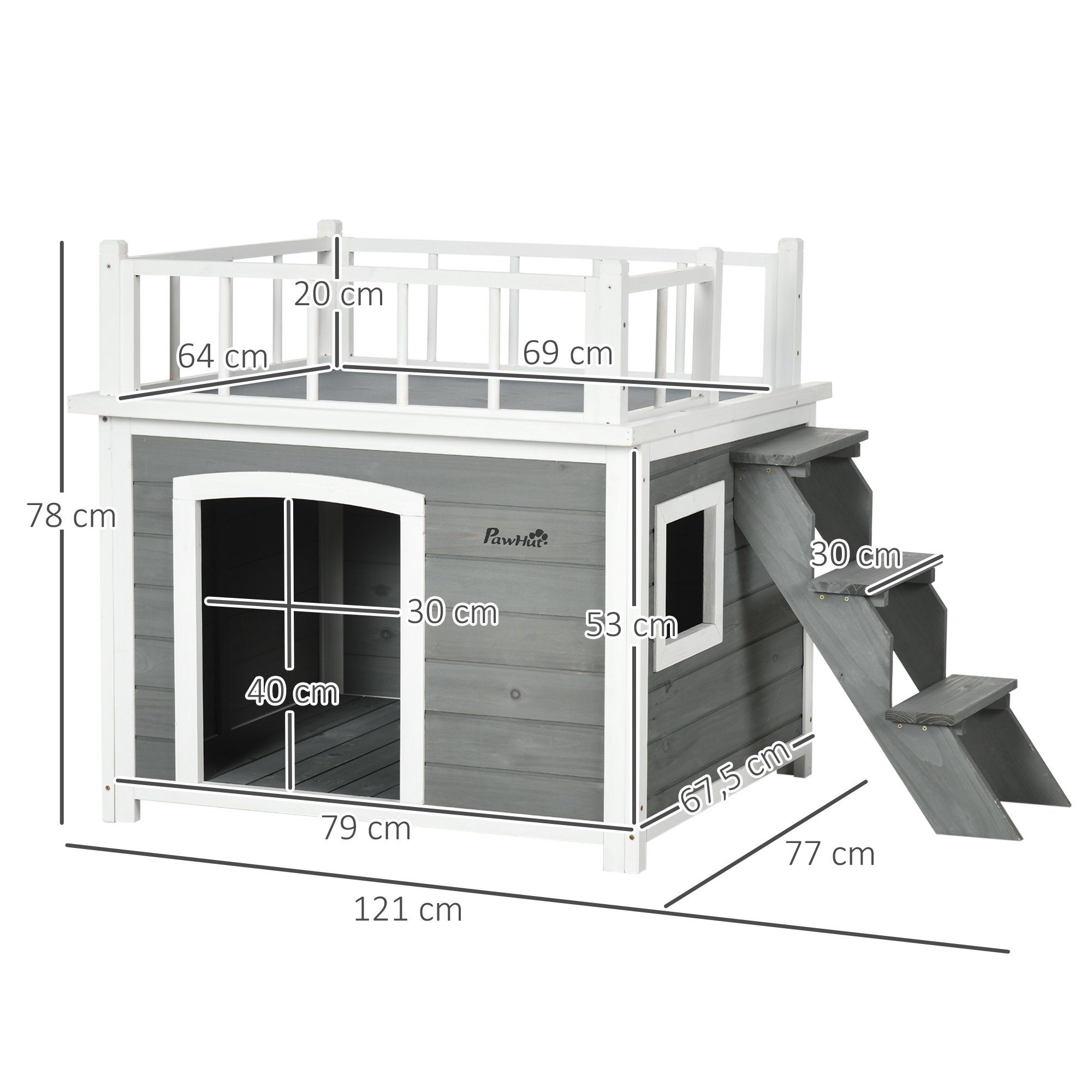 PawHut Hundehütte Hundehaus mit Balkon, Hellgrau 121 x 77 x 78 cm