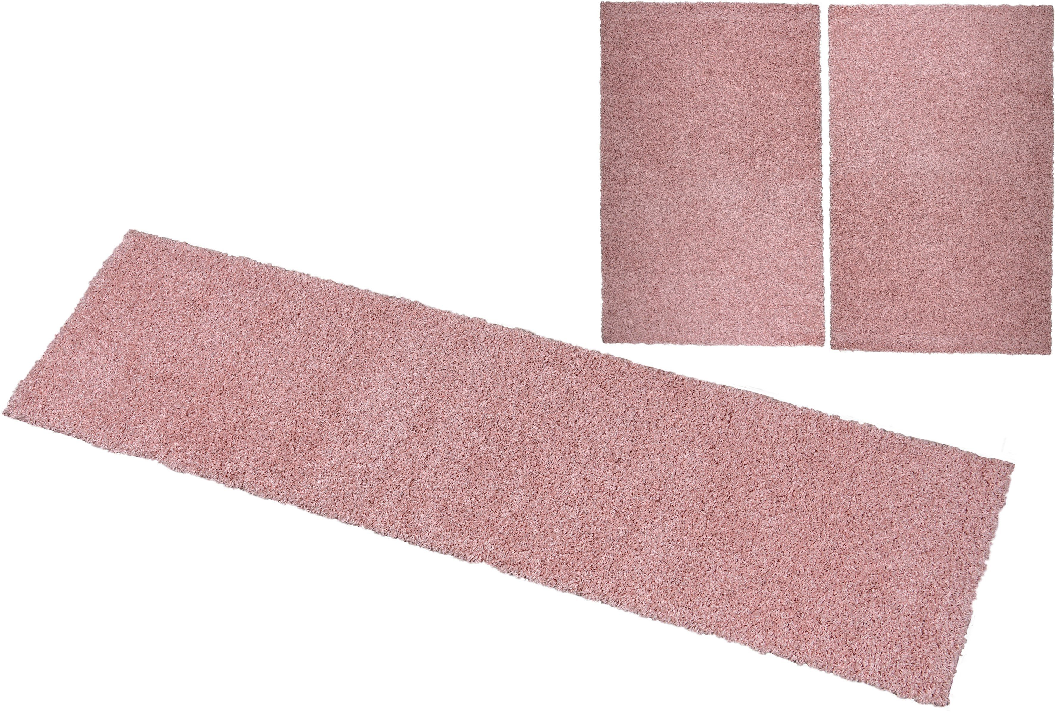 Bettumrandung Shaggy Soft Bruno Banani, Höhe 30 mm, (3-tlg), gewebt, Uni-Farben, besonders weich, Bettvorleger, Läufer-Set rosa