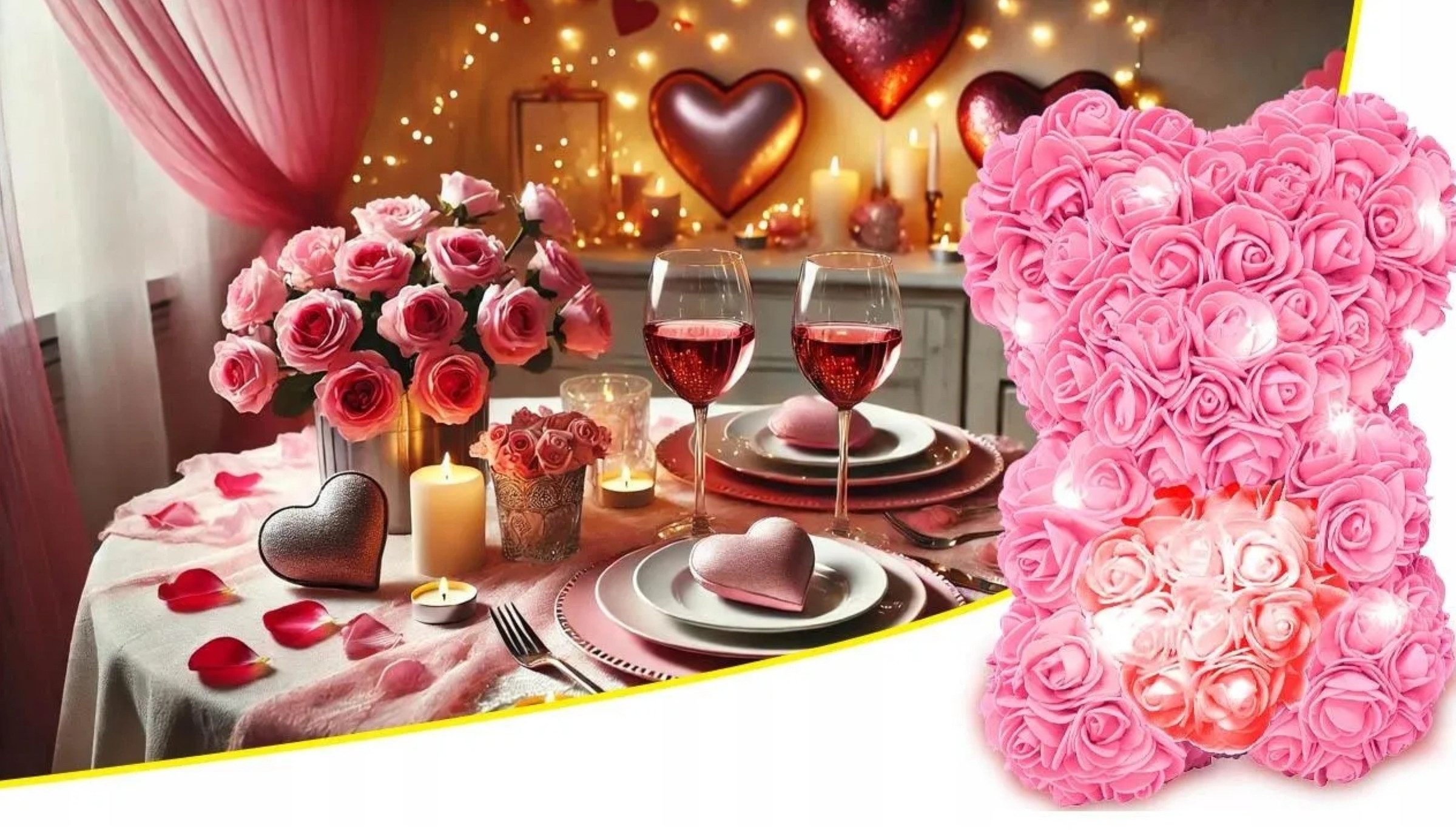AMORE MIO LED Dekoobjekt Rosenbär mit Herz 25 cm Teddy aus Rosen Geschenkbox Valentinstag Deko, LED fest integriert, Rosenoptik Herzmotiv LED Beleuchtung dekorativ Geschenkfertig