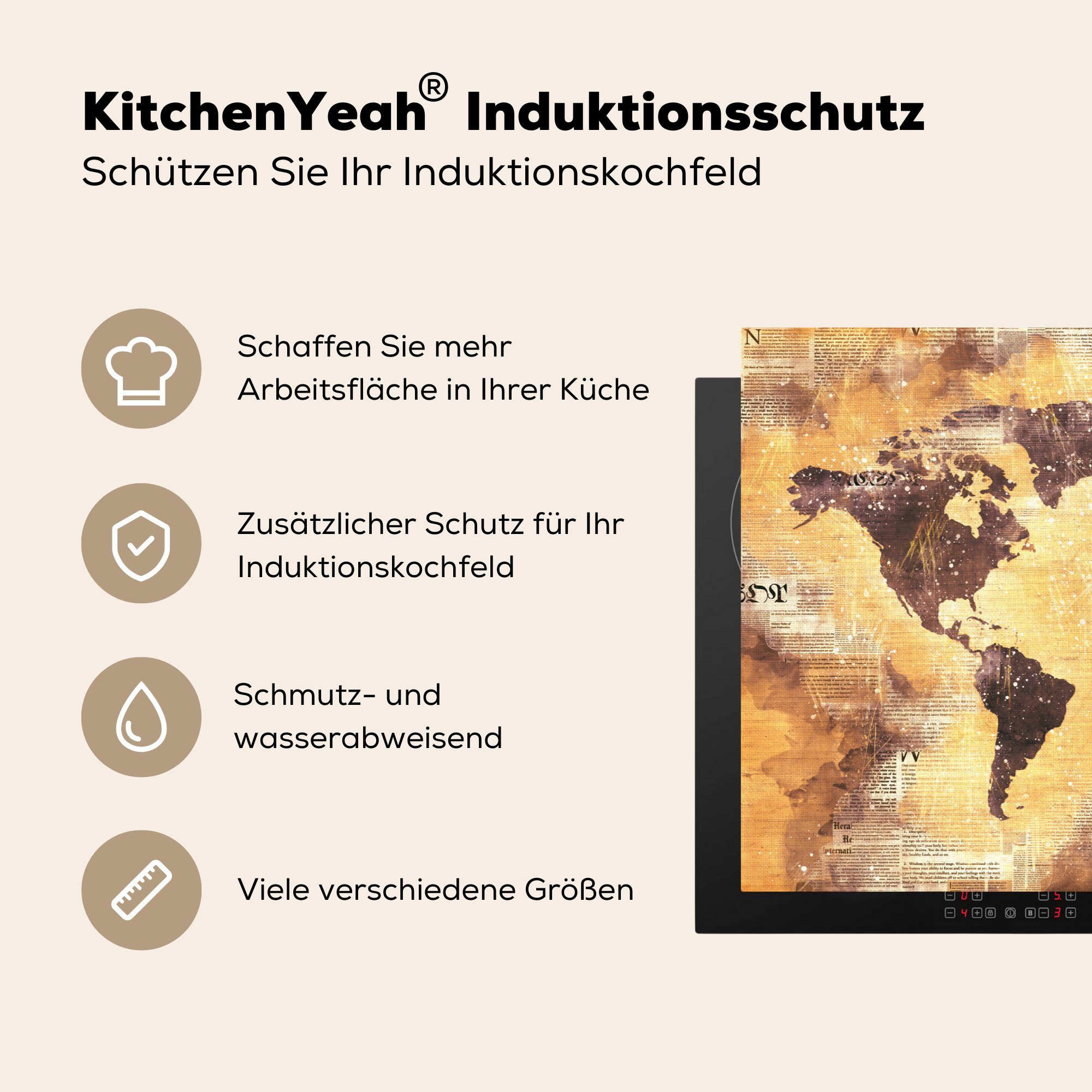 Induktionskochfeld tlg), Glitter Ceranfeldabdeckung - küche, (1 Vinyl, MuchoWow Gold, Weltkarte cm, 81x52 Herdblende-/Abdeckplatte für die Schutz -