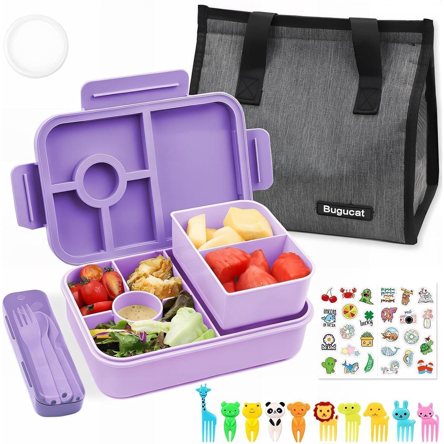LuxusKollektion Lunchbox Brotdose Kinder 1300ml Fächer auslaufsicher Bento Besteck Set lila