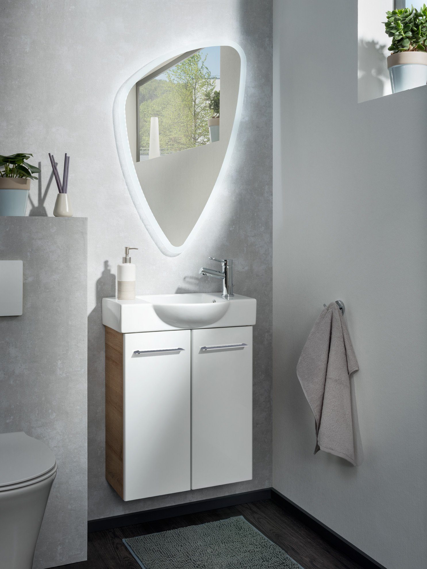 FACKELMANN Waschbeckenunterschrank SBC Badmöbel für Gäste-WC, Breite ca. 55 cm Ast-Eiche/Weiß | Ast-Eiche-Optik/Hellbraun