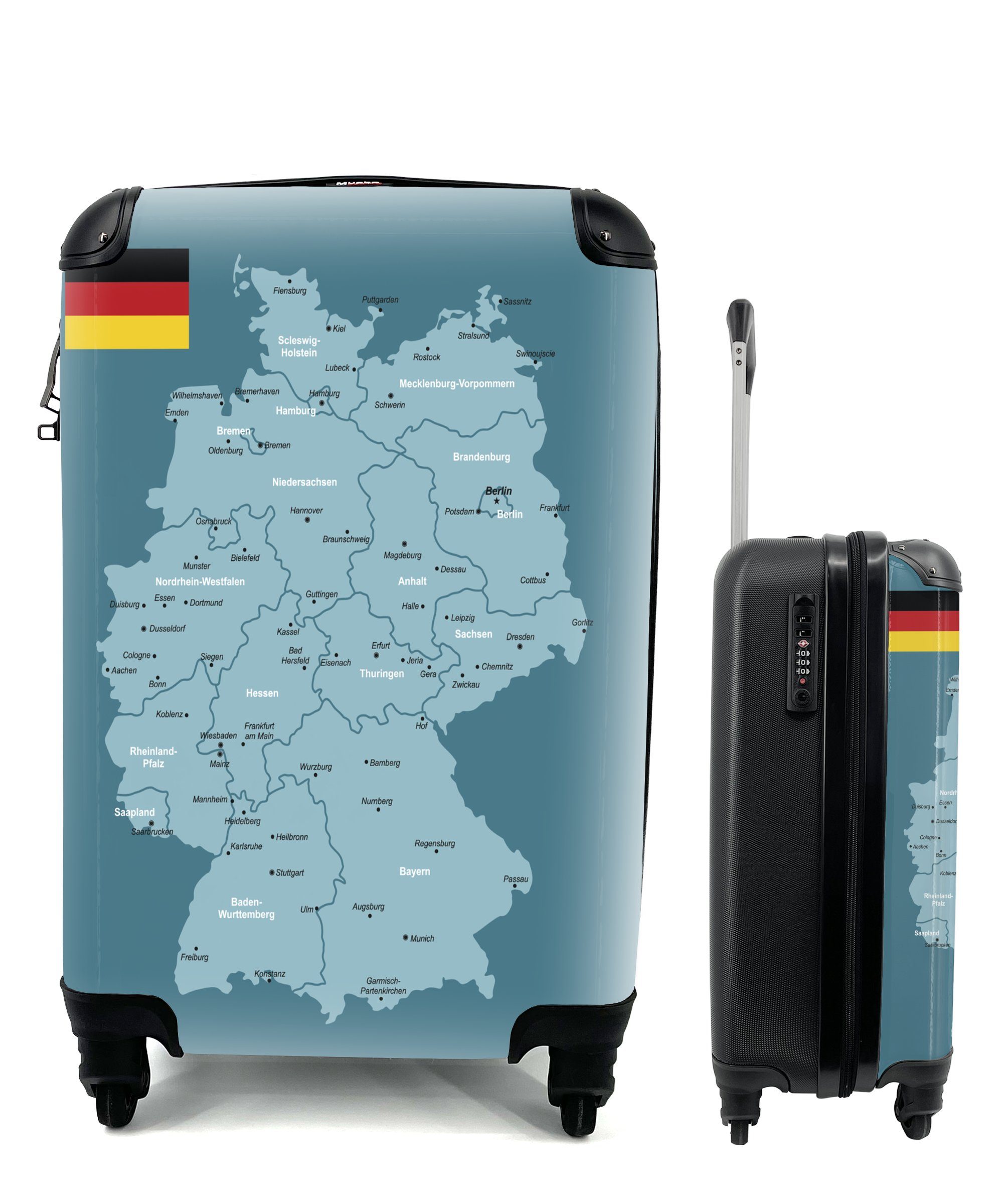 MuchoWow Handgepäckkoffer Blaue Karte von Deutschland, 4 Rollen, Reisetasche mit rollen, Handgepäck für Ferien, Trolley, Reisekoffer