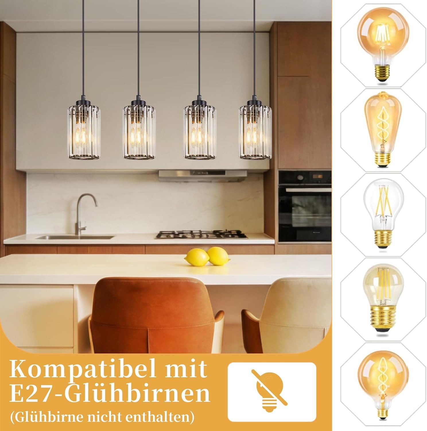Nettlife Pendelleuchte Kristallglas 1flammig höhenverstellbare Esstischlampe im modernen E27, ohne Leuchtmittel, geeignet für Esstisch Wohnzimmer und Küche