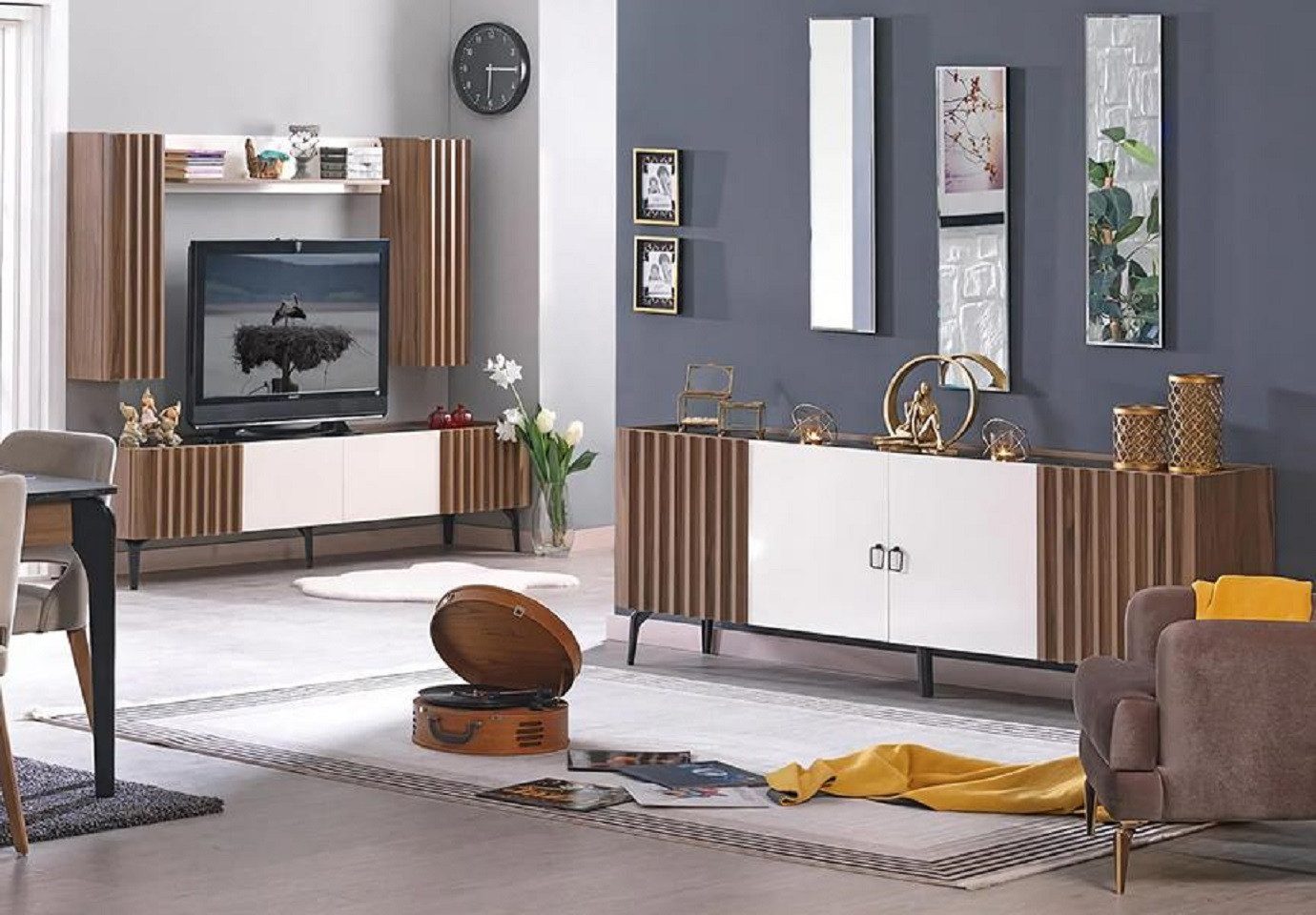 Wohnwand Weißes Wohnzimmer-Set aus Holz mit Sideboard und TV-Schrank