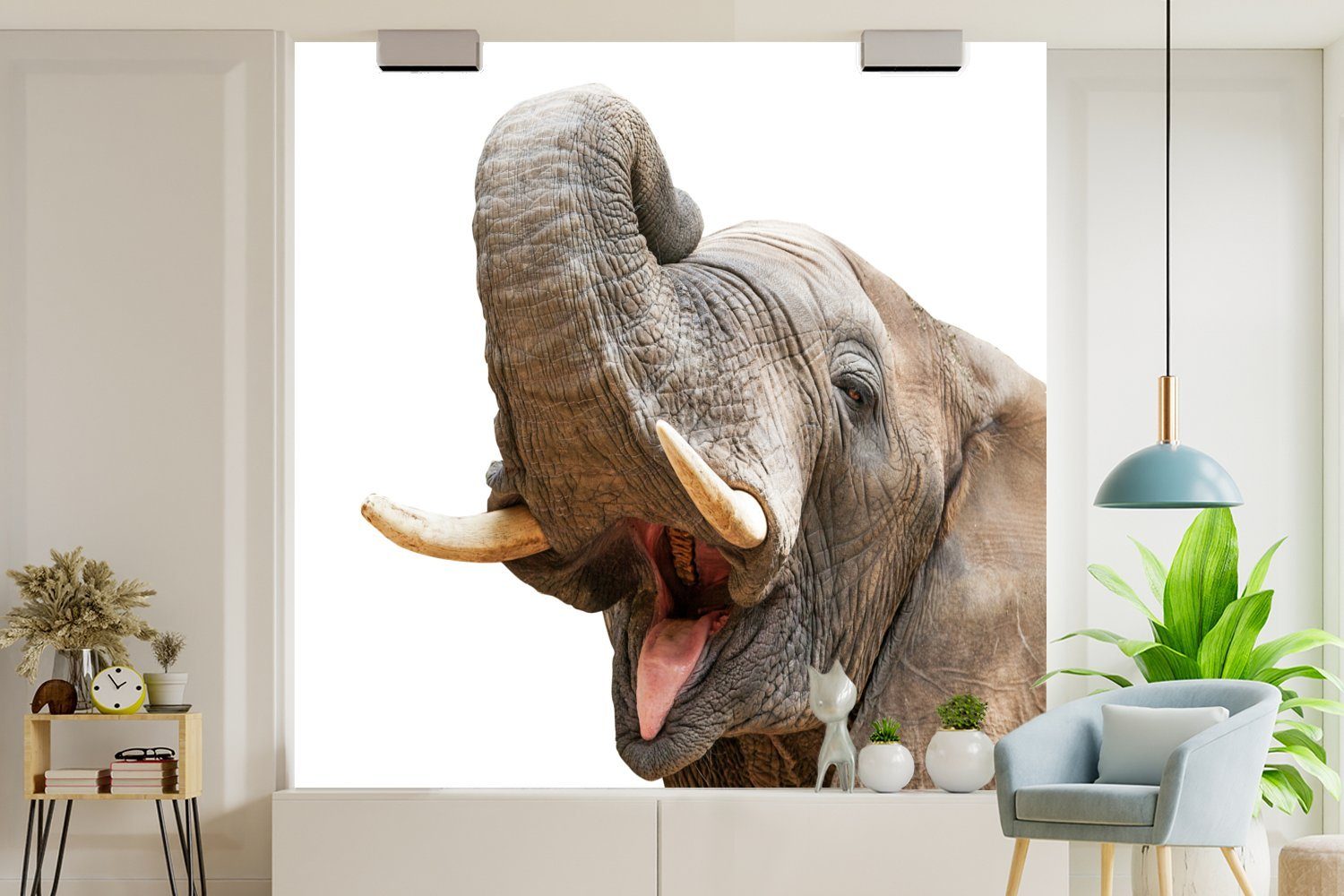 Schlafzimmer, für Fototapete Wandtapete bedruckt, - St), Elefant Vinyl (5 Tapete Zunge Weiß, - Wohnzimmer oder Matt, MuchoWow