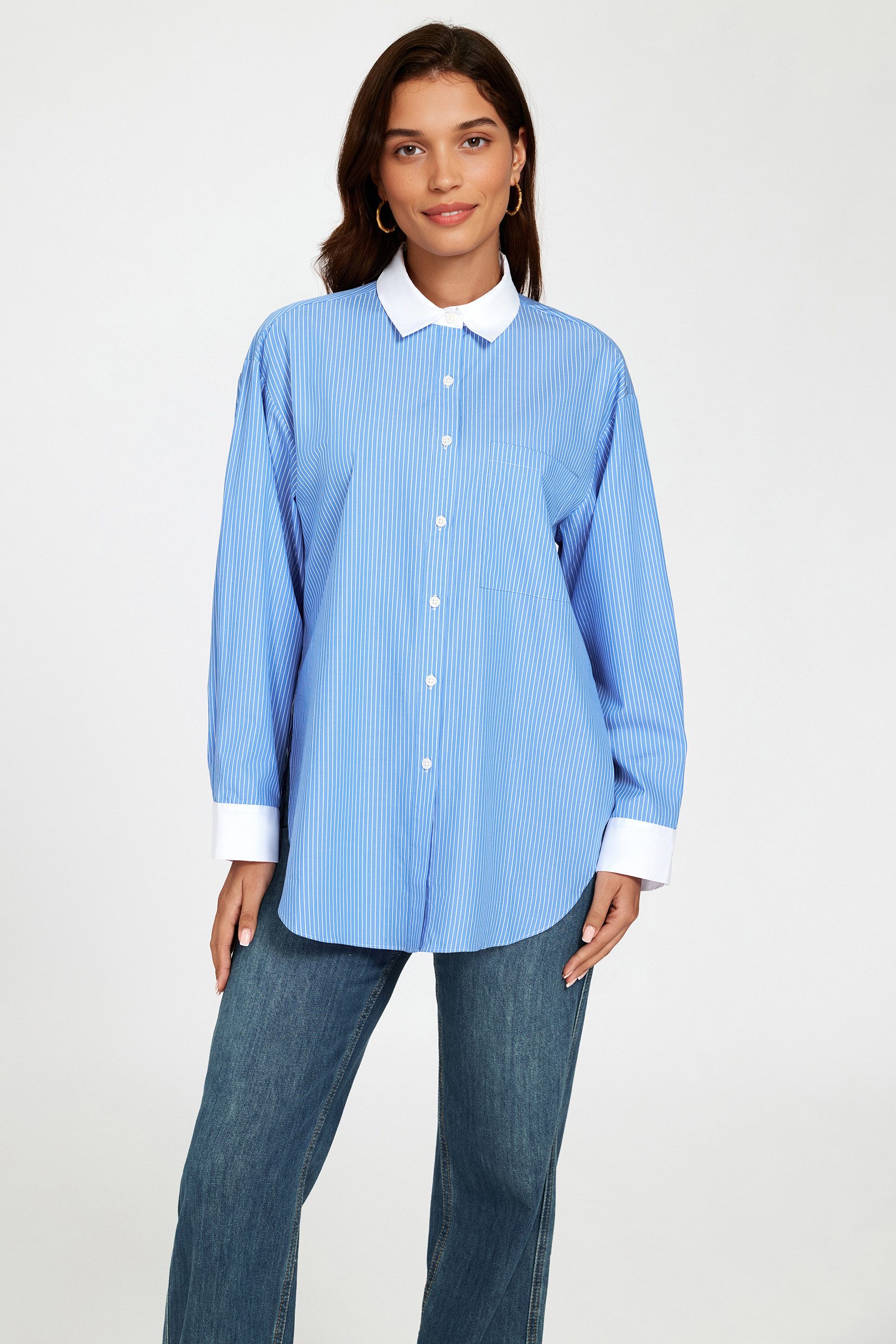 FS Collection Hemdbluse Damen Hemdbluse Damenbluse Streifenbluse Oversizebluse Blau (XS (EU:36 / UK:8) · S (EU:38 / UK:10) · M (EU:40 / UK:12) · L (EU:42 / UK:14) · XL (EU:44 / UK:16) 100 % Baumwolle, Oversize-Schnitt, Streifenmuster, Kontrastdetails