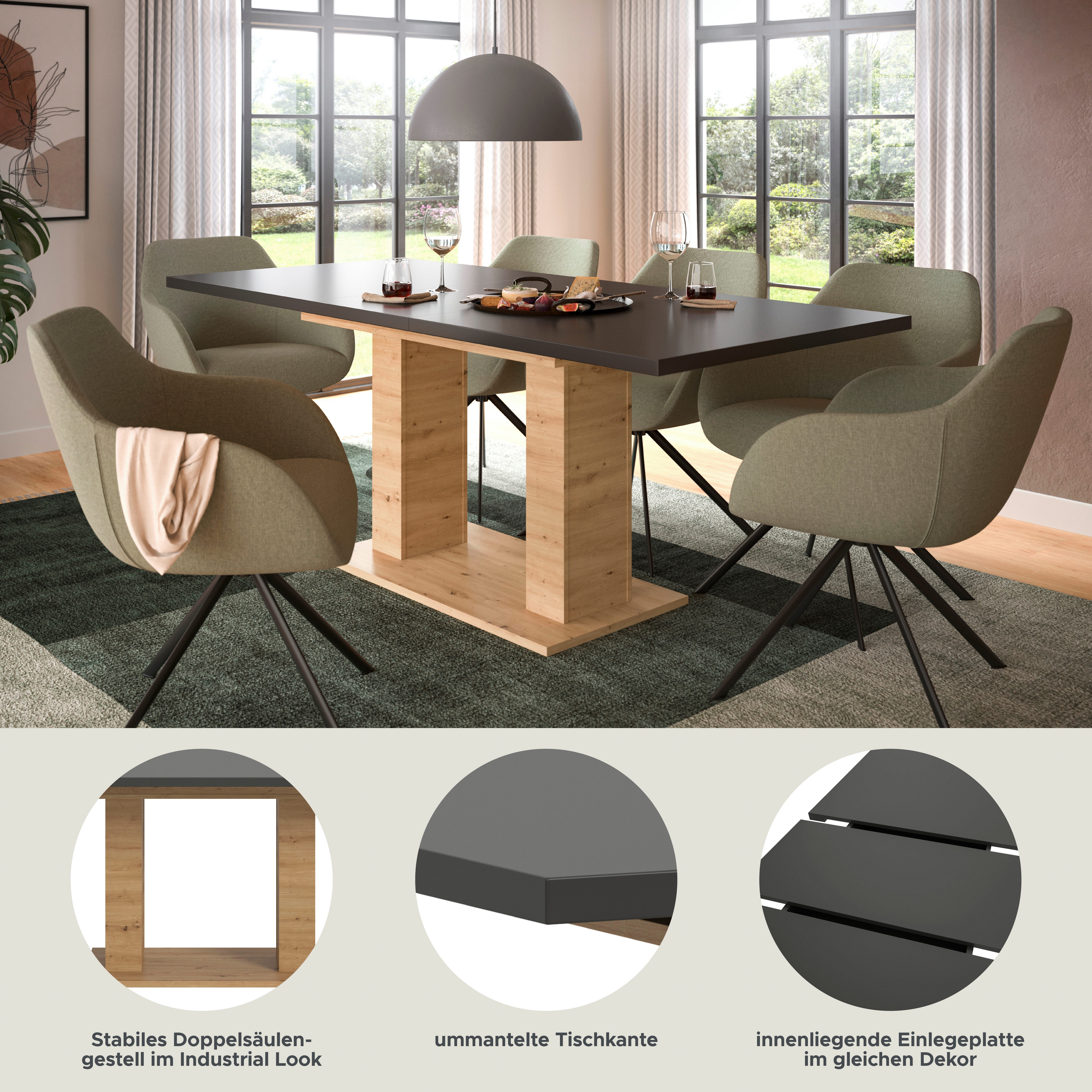 Home affaire Esstisch Motus, ausziehbar 150 -190 cm, inklusive 40 cm Einlegeplatte (Set, 1-St), Doppelsäulengestell mit Bodenplatte, Tisch, Esstisch, Küche