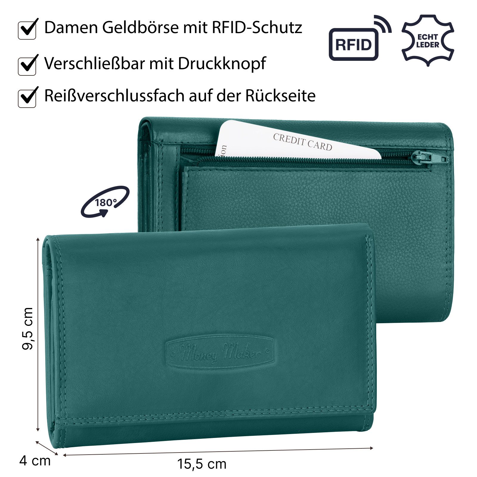 Money Maker Geldbörse RFID Damen Geldbörse Portemonnaie Geldbeutel Damenbörse Leder, Damen Geldbörse klappbar mit Drückknopf Portemonnaie Geldbeutel