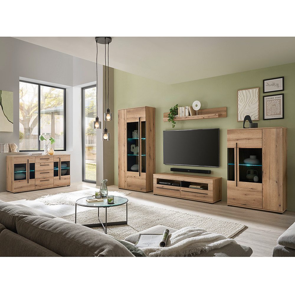 Lomadox Wohnzimmer-Set COLORADO-61, (Mega-Spar-Set, 5-St., Vitrine Sideboard Lowboard Wandregal), in Eiche mit LED Glasbodenbeleuchtung und Softclose Schubladen