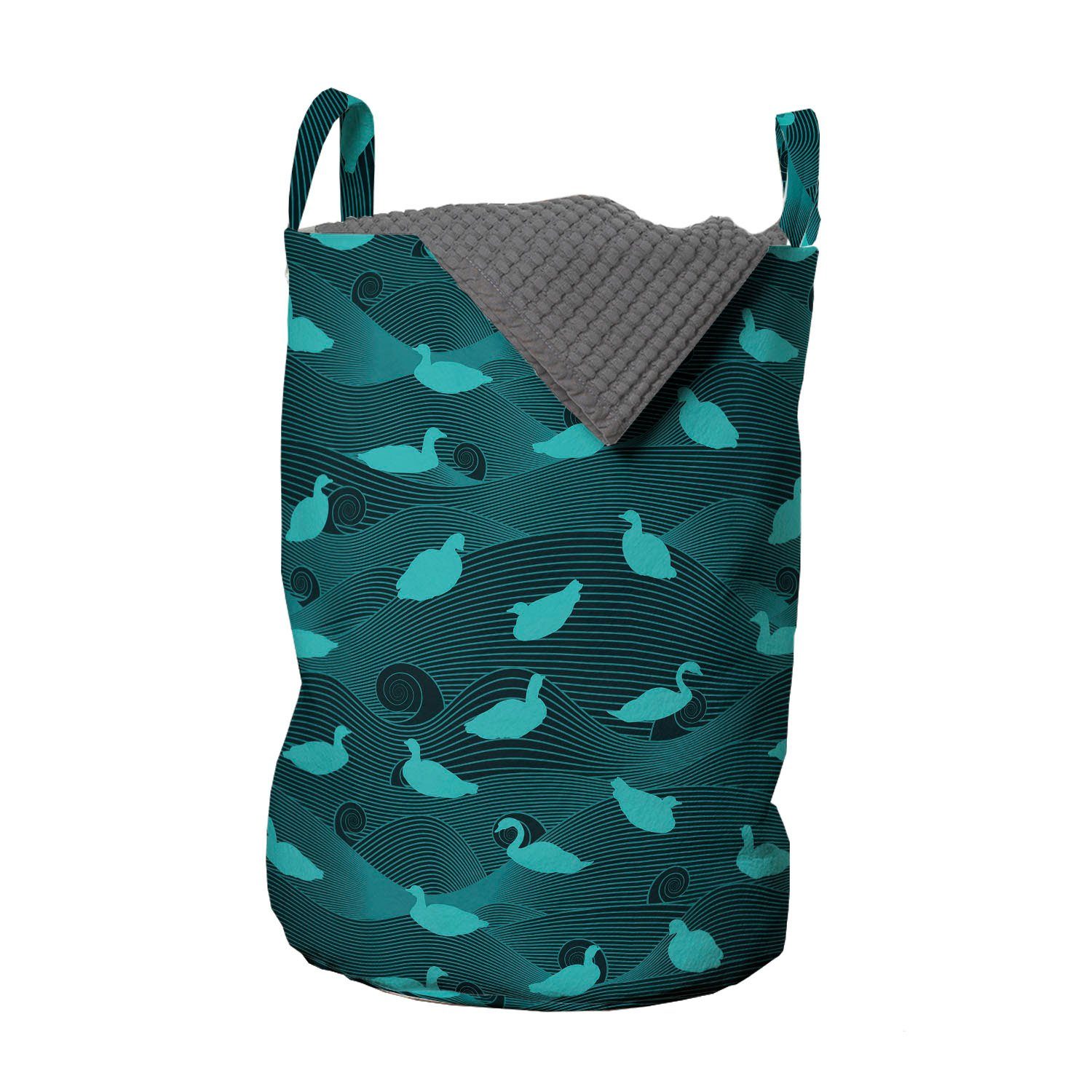 Abakuhaus Wäschesäckchen Wäschekorb mit Griffen Kordelzugverschluss für Waschsalons, Türkisblau Wasservögel Vögel Welle