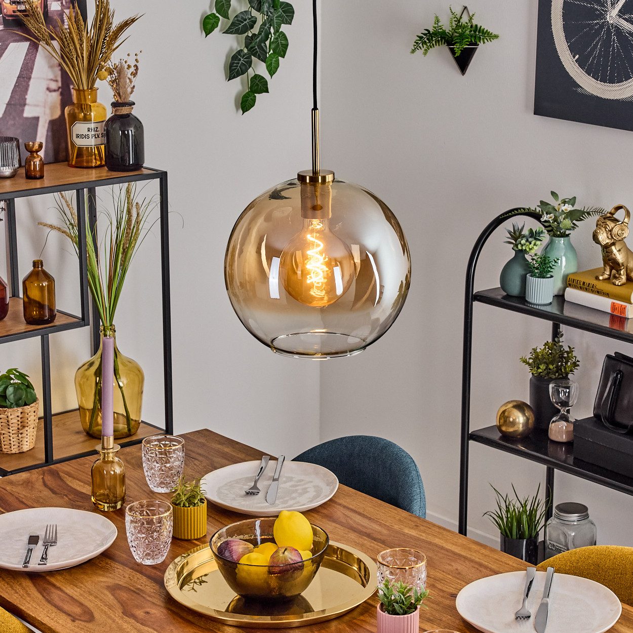 Hängeleuchte Hängelampe aus Metall/Glas in Schwarz/Gold/Bernsteinfarben/Klar