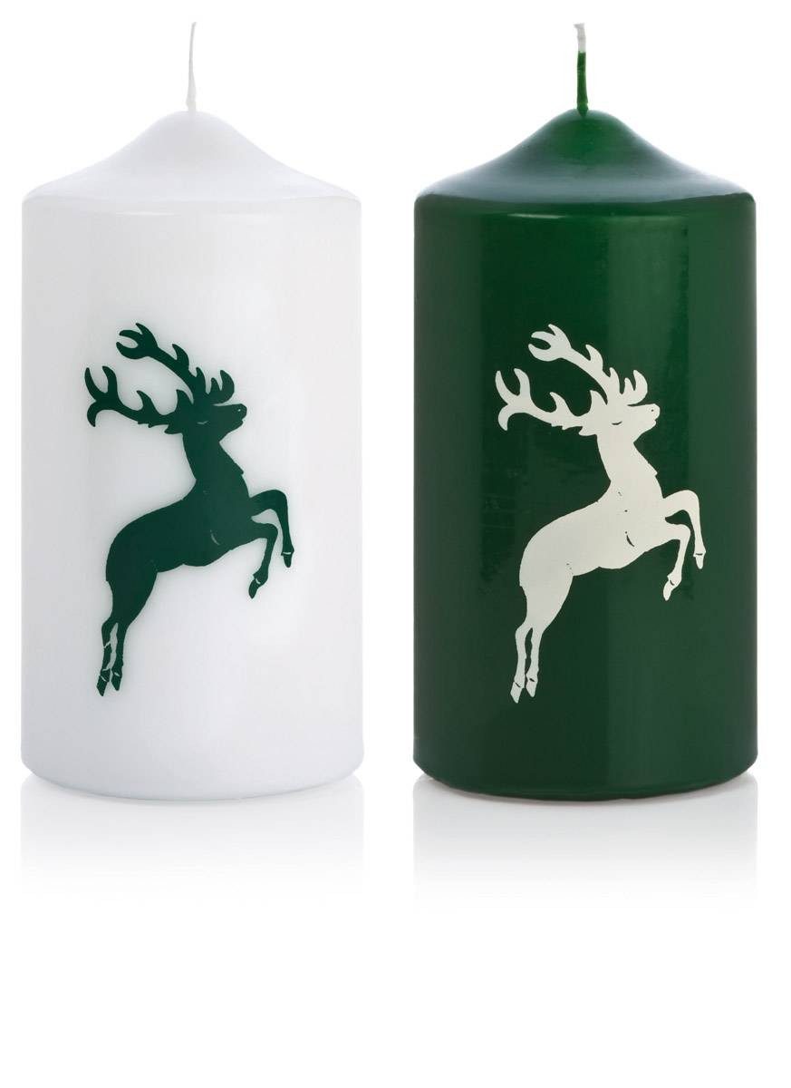 INNA-Glas Adventskerze DALDI, Hirsch Motiv, 2 Stück, dunkelgrün-weiß, 15cm, Ø8cm, 69h