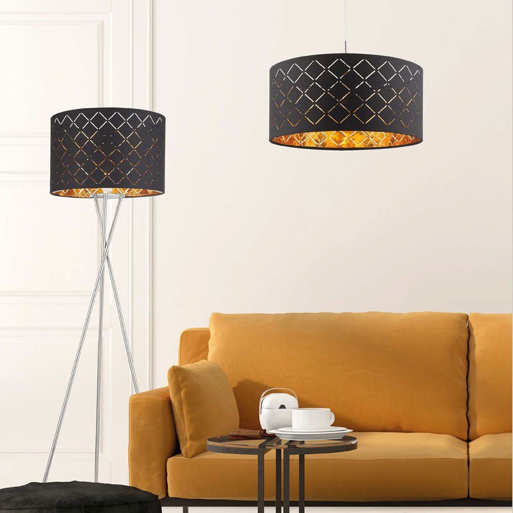 etc-shop LED Stehlampe, Leuchtmittel nicht Lampe Stand Wohn Fluter Zimmer inklusive, Schalter Decken schwarz Steh Stoff gold