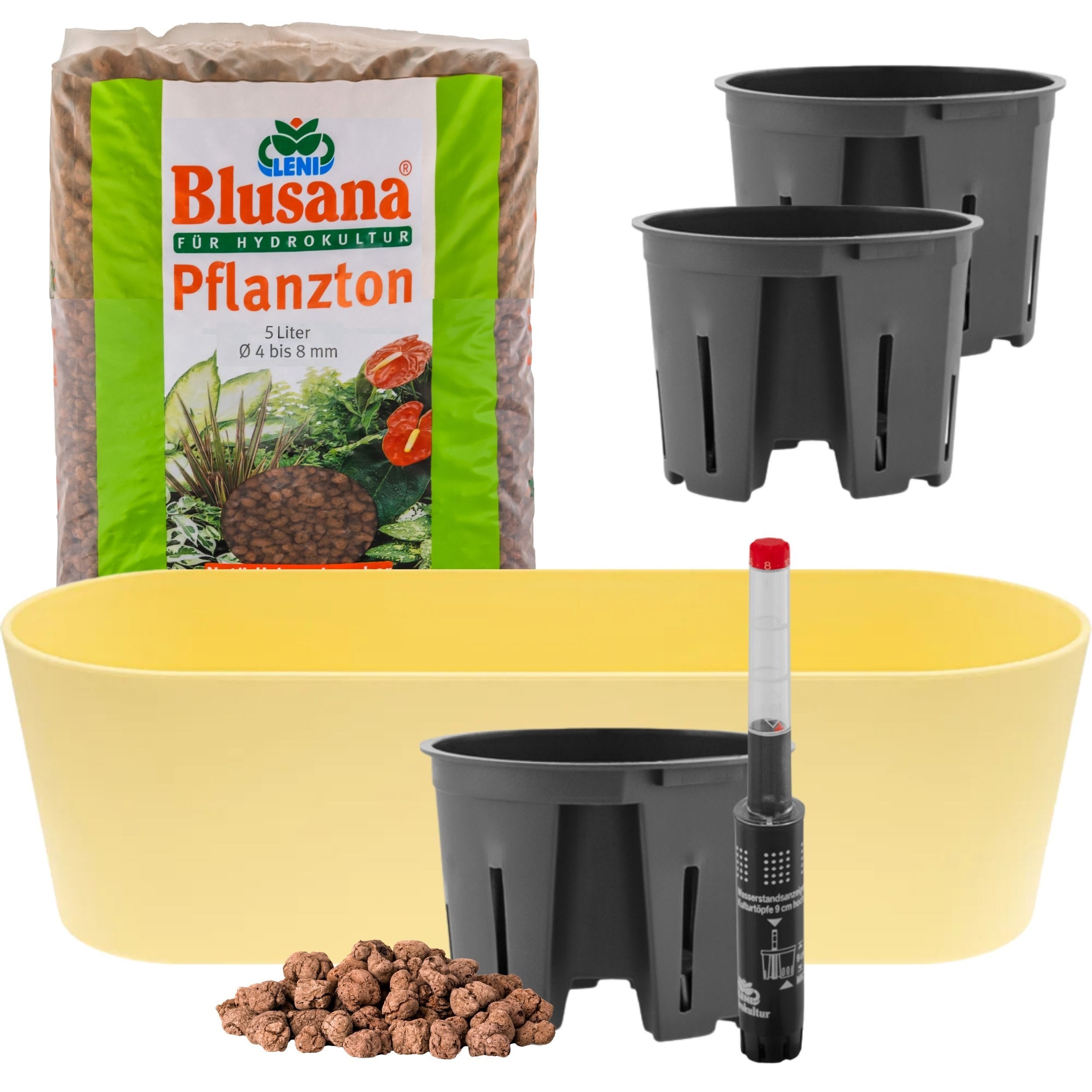 LENI Jardiniere Blumentopf länglich Pflanzkasten 36 cm lang Kräuter & Zimmerpflanzen (Komplettes Starter Set Selbstbewässerungstopf, mit 3 x Kulturtopf, 1 x Wasserstandsanzeiger, 5l Pflanzton), Übertopf ohne Loch für Hydrokultur & Erde, perfekt als Kräuter-Topf