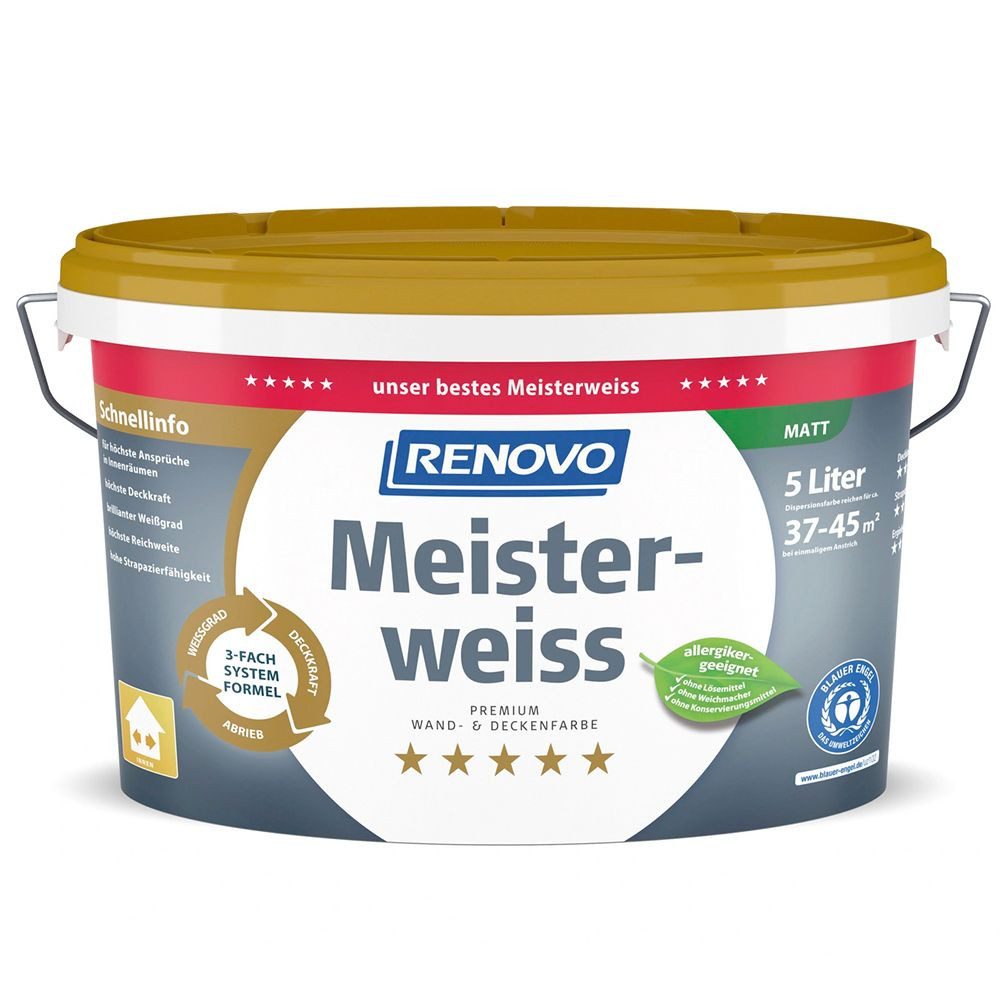 Renovo Wandfarbe Renovo Premium Wand- und Deckenfarbe Meisterweiss matt 5,0 Ltr.