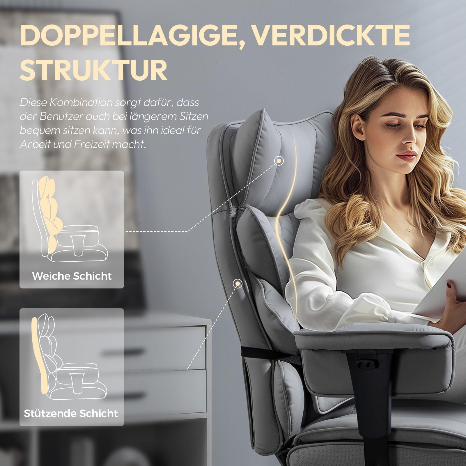 Dowinx Gaming-Stuhl Bürostuhl Ergonomisch mit Taschenfeder-Kissen (Packung), Chefsessel mit weiche Rückenlehne und verstellbare Lendenkissen – Bild 2 von 5