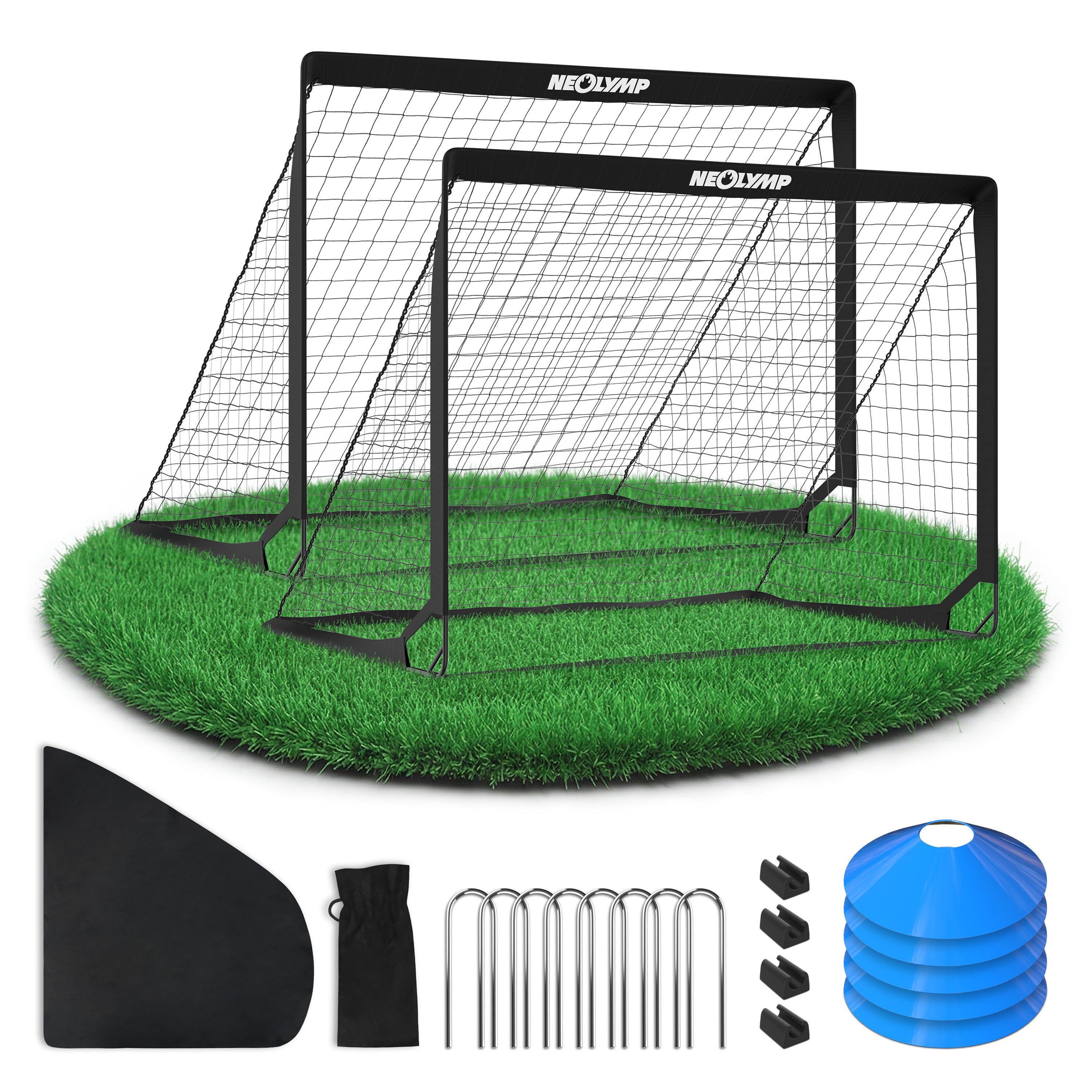 NEOLYMP Fußballtor Kinder Set – Faltbare Tore für Garten – Robuste 9 mm Fiberglas-Stangen (Ideal für Fußball-Training & Spiel Spaß - Fußball Trainingszubehör), Fußballtor mit Hütchen, Karabinern, Indoor-Füße & Tragetasche