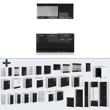 Livinity® Küchenzeile R-Line, Schwarz Hochglanz/Weiß, 140 cm, AP Eiche