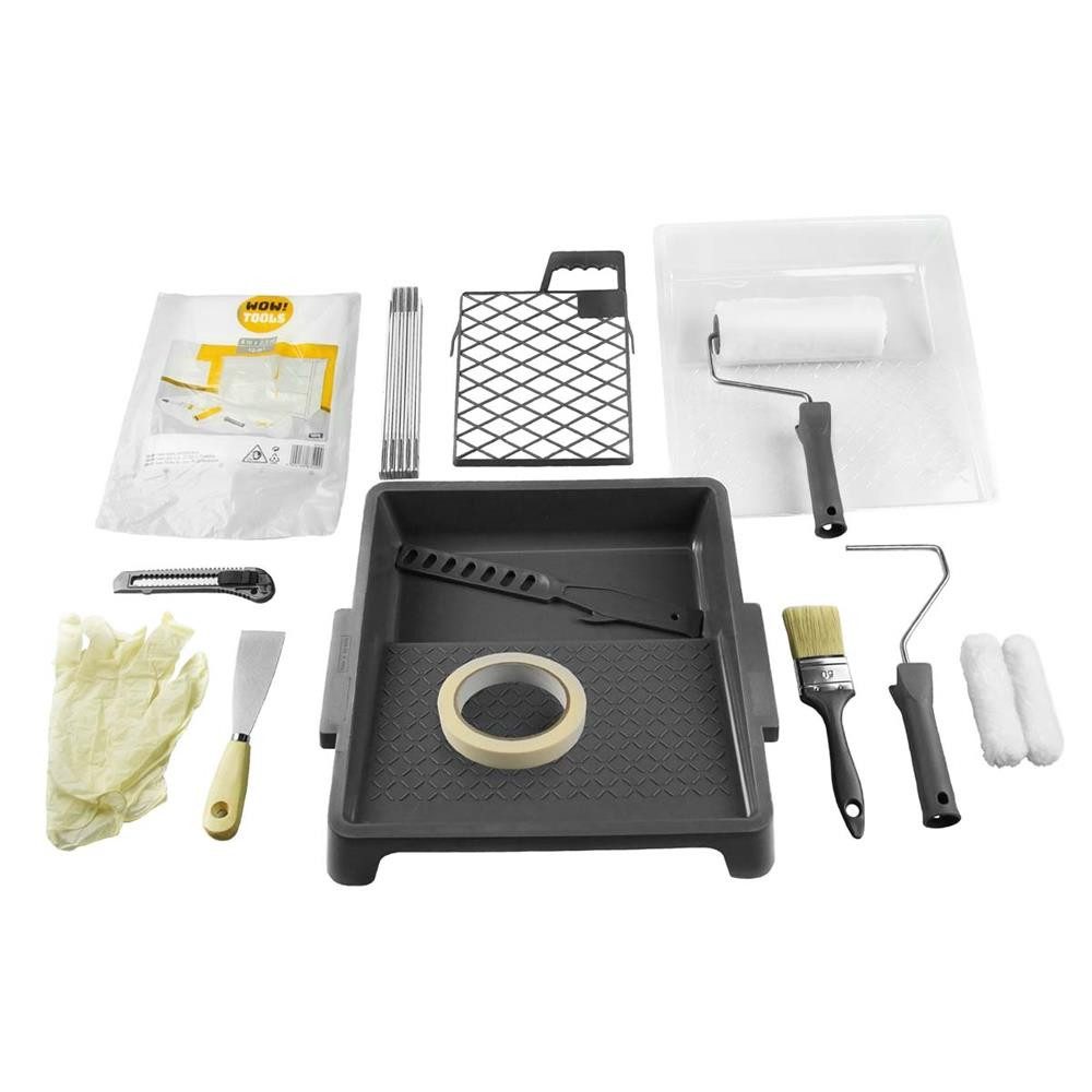 WOW!TOOLS Malerset Maler-Kit 15tlg Malerset Farbwalze Farbwanne Pinsel Handschuhe, (Set, 15tlg)