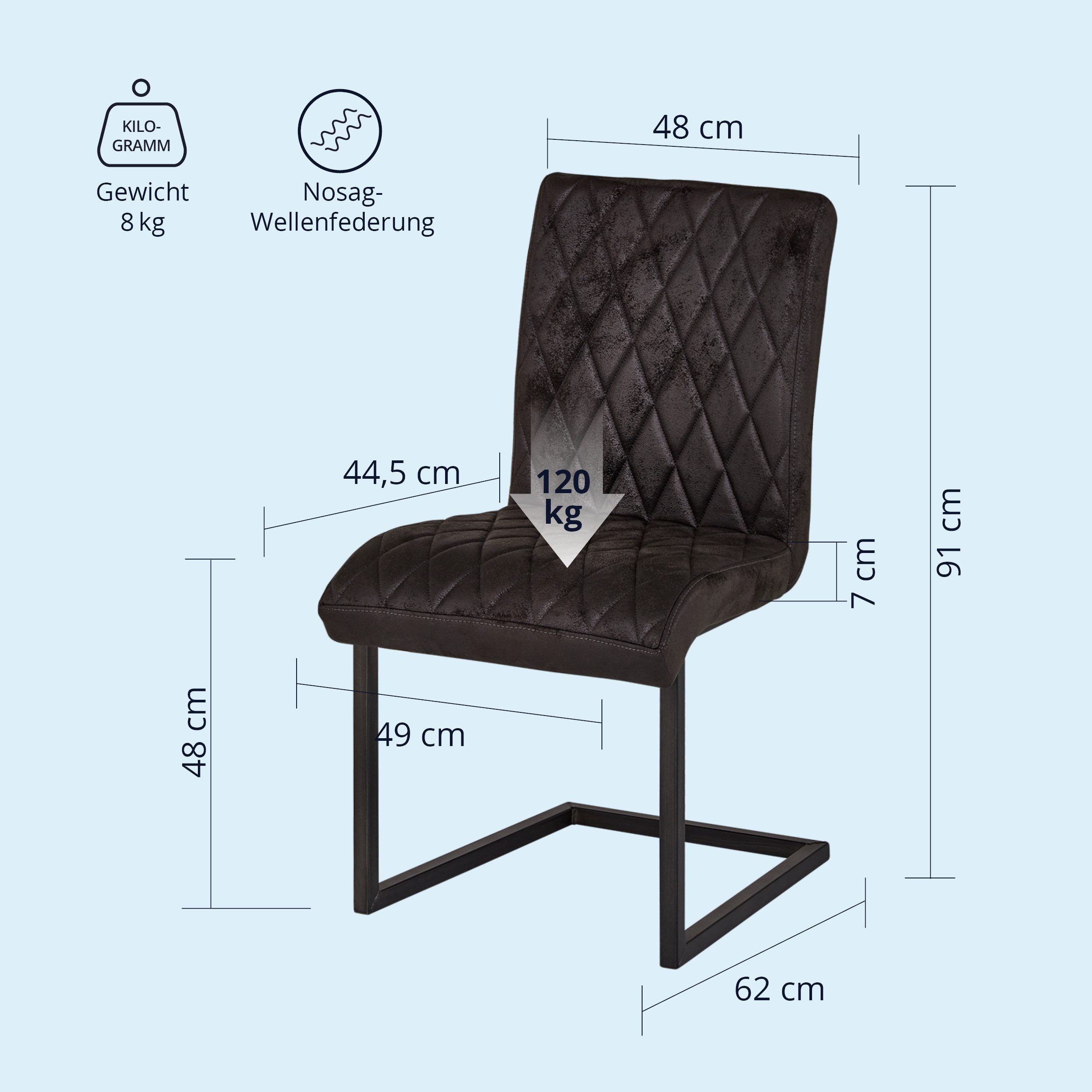 KHG Freischwinger Esszimmerstuhl Mikrofaser Schwarz, bis 110 kg belastbar, Vintage Stil, gepolstert, Nosag-Wellenfederung, Metallgestell Schwarz