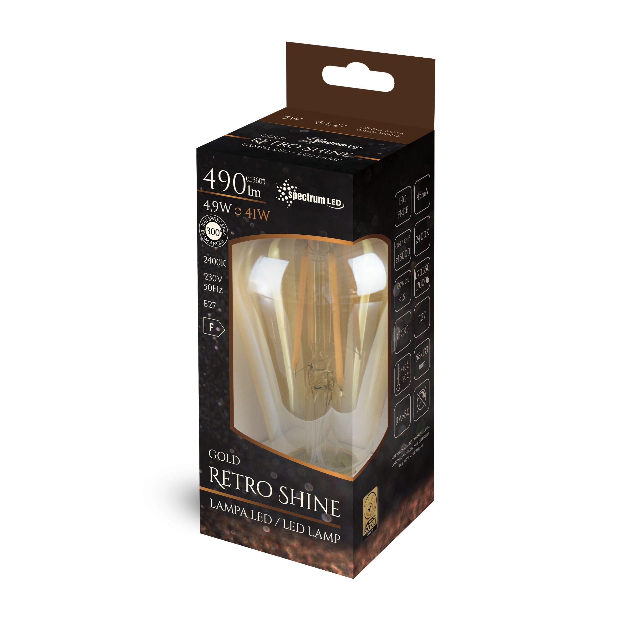 Spectrum LED-Leuchtmittel LED E27 ST58 Edison 5W = 41W Gold 500lm Retro 270° 230V Warmweiß 2400K, E27, Warmweiß, Gold, ST58