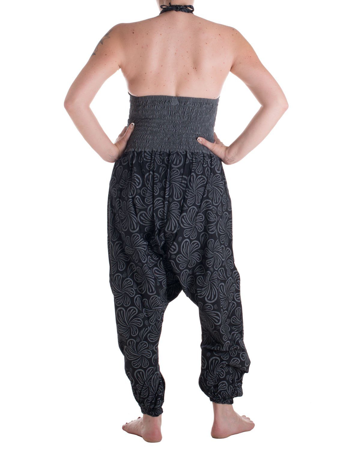 Blümchen Vishes Hippie, Yoga Haremshose, Pumphose, Schwarz-Grau Neckholder mit Latzhose Style Goa, Latzhose Overall