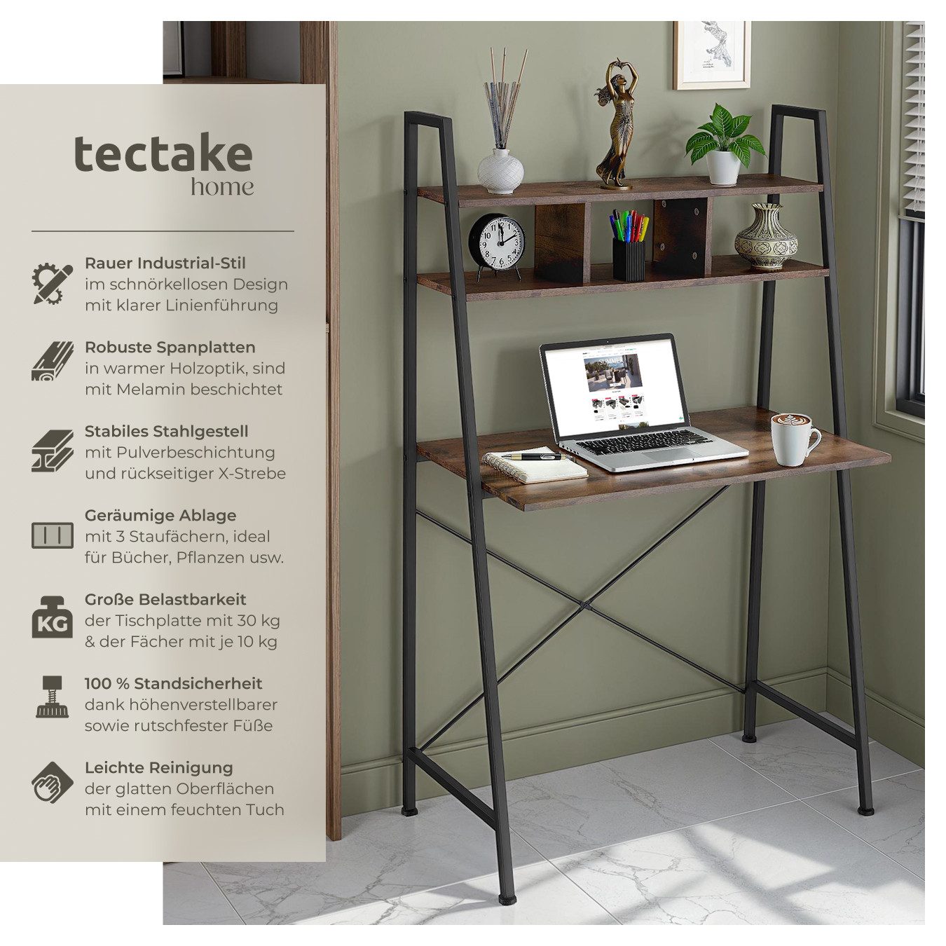 tectake Schreibtisch Computertisch Exeter 85,5x46,5x140cm (1-St., 1 tlg), Rustikaler Schreibtisch im schnörkellosen Industrial Style