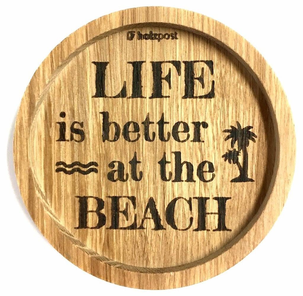 holzpost GmbH Getränkeuntersetzer Beach, 1-tlg., massives Eichenholz, Runde Einkerbung