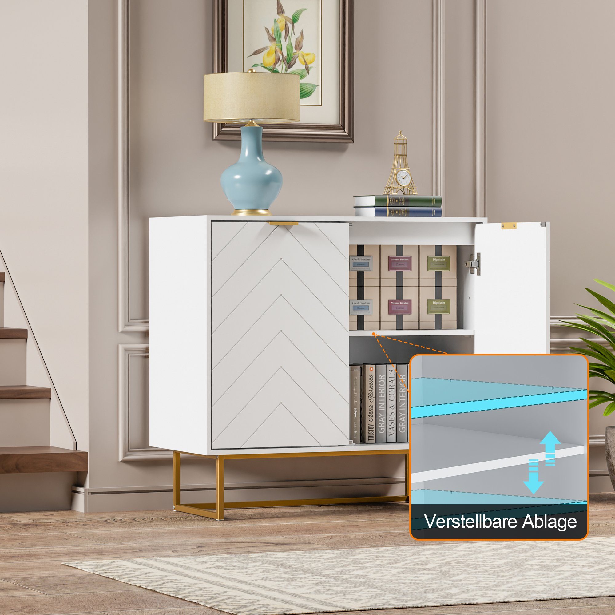 UEV Sideboard Kommode mit 2 Türen & Verstellbaren Ablagen & Metallfüße 80x40x77,5cm (mit Kippschutz), Küchenschrank Mehrzweckschrank für Flur Wohnzimmer Schlafz – Bild 4 von 5