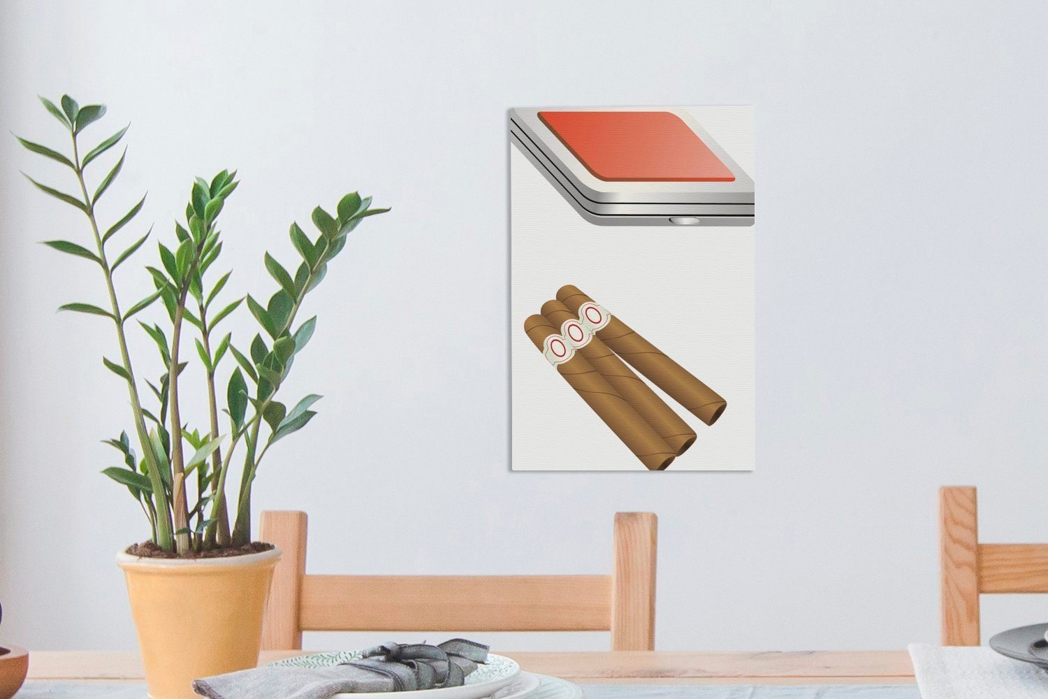 einer Zigarettenschachtel, und Gemälde, fertig OneMillionCanvasses® Zackenaufhänger, Leinwandbild Eine (1 Zigarren- Illustration inkl. 20x30 cm St), bespannt kubanischen Leinwandbild