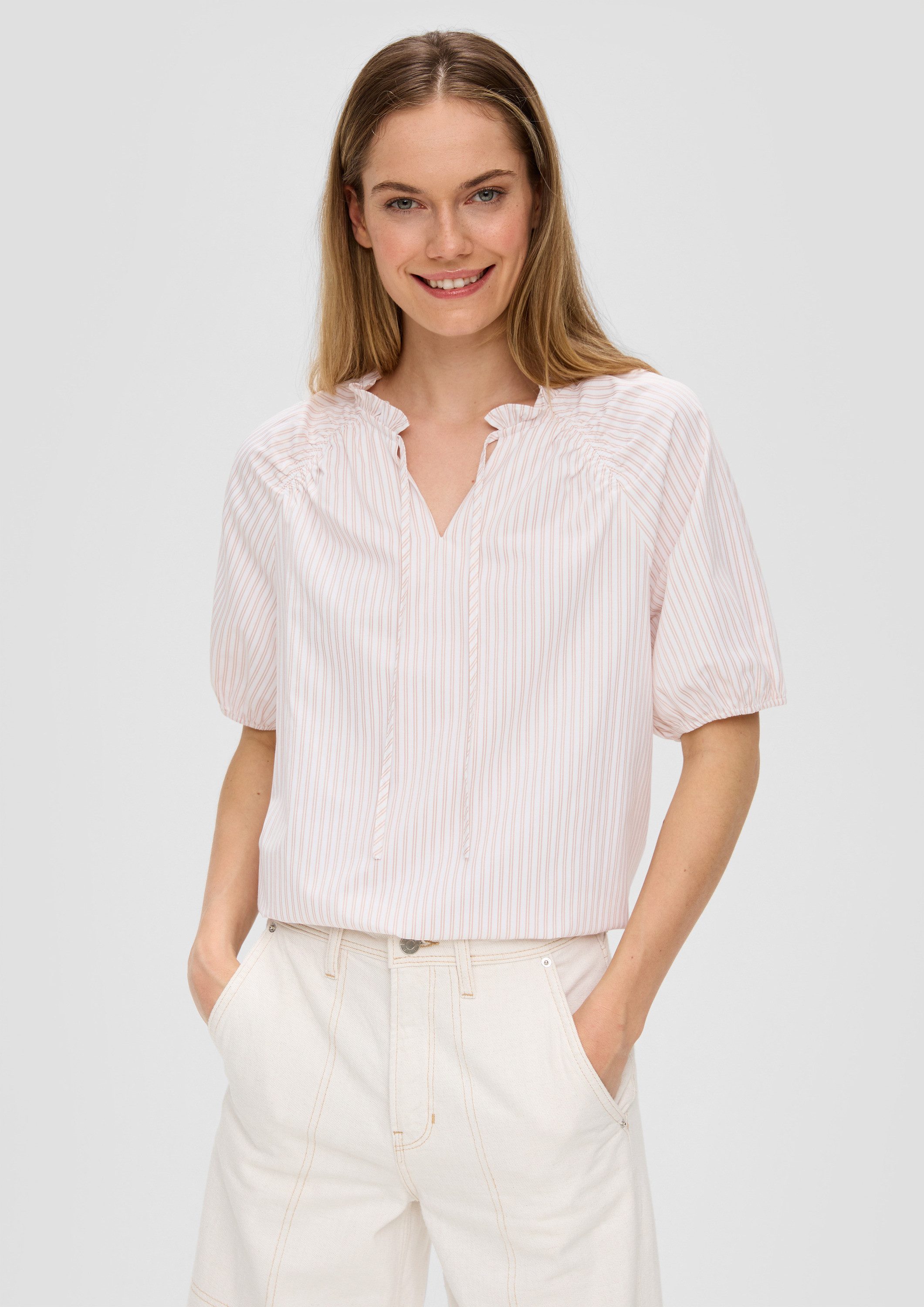 s.Oliver Kurzarmbluse Bluse Gestreifte Relaxed-Fit-Bluse mit Rüschendetails günstig online kaufen