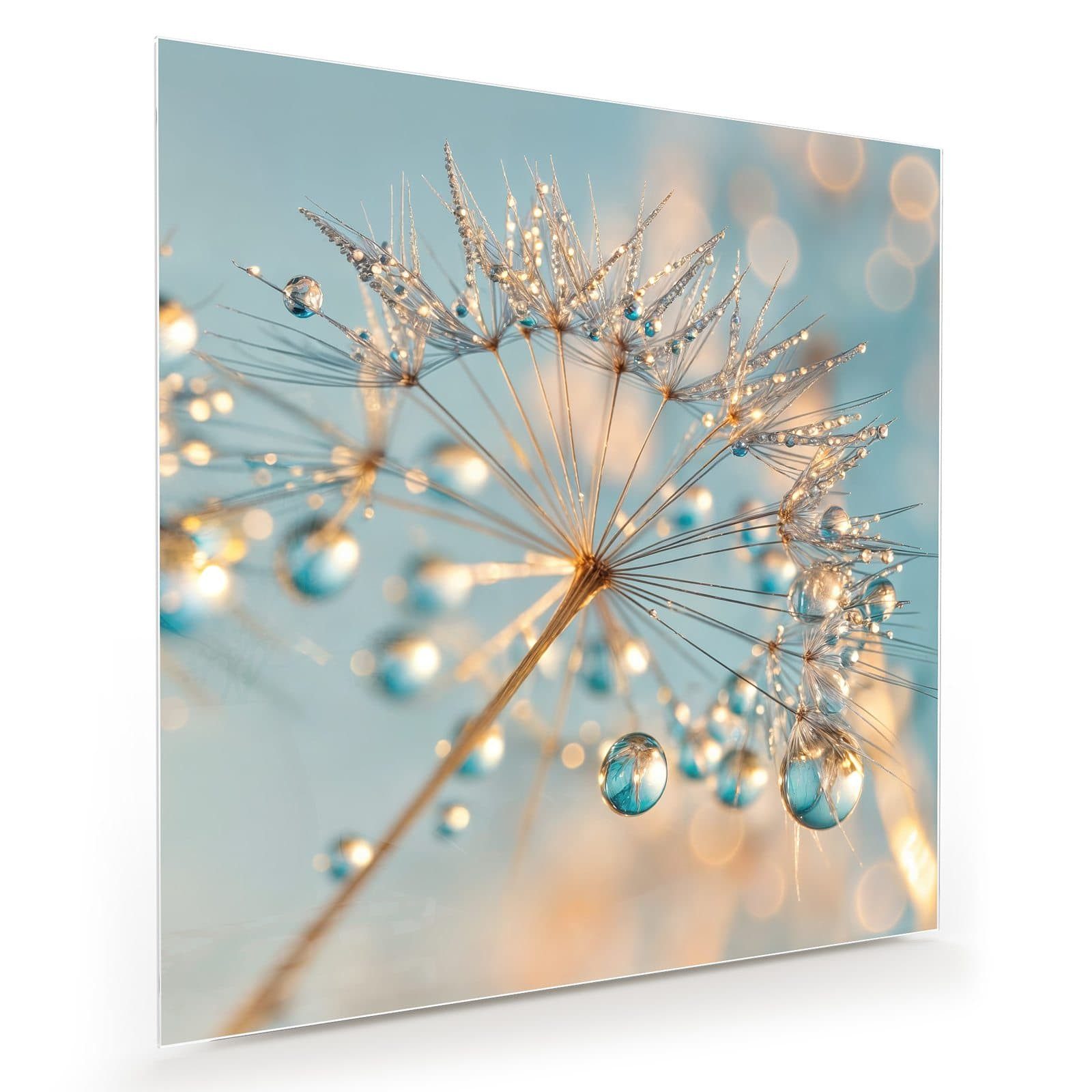 Glasbild Wandbild Quadratisch Pusteblume Wassertropfen mit Aufhängung