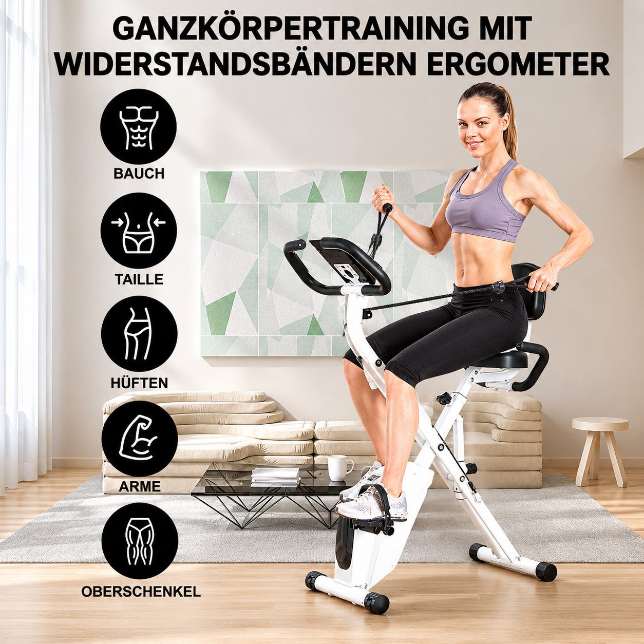 Hamlody Heimtrainer Fahrrad Klappbar, Indoor Bike mit LCD-Display Magnetwiderstand (LCD-Monitor und Ganzkorpertraining, Fahrrad klappbar fur Zuhause, bis 150 kg), 16 Widerstandsstufen, LCD-Display und Armwiderstandsbändern