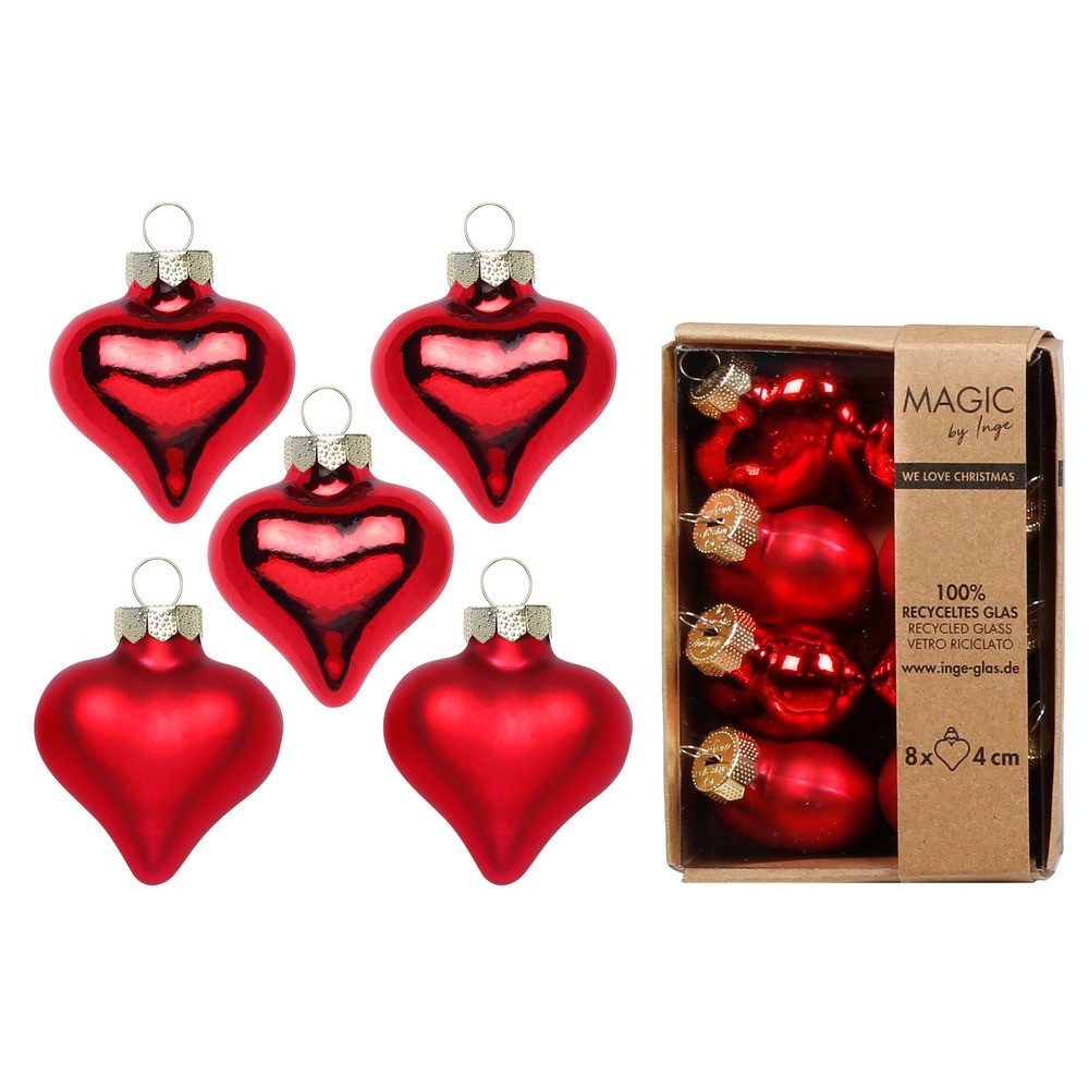 INGE-GLAS® Weihnachtsbaumkugel Christbaumschmuck Mini-Weihnachtskugeln Herz 4 cm rot 8 Stück
