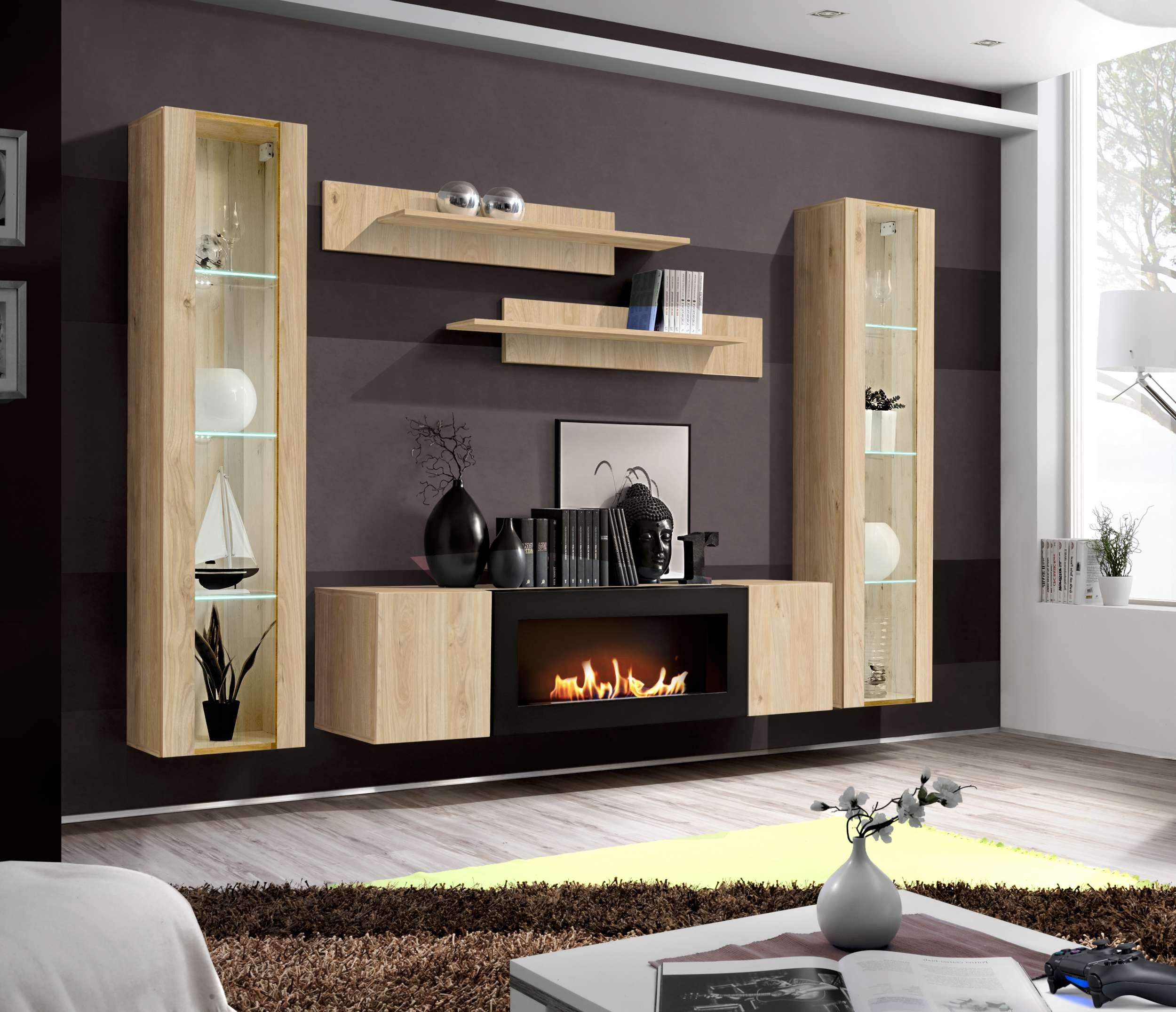 99rooms Wohnwand Fli M2, (Wohnzimmer-Set, Wohnmöbel), 2 x Hängevitrine mit LED, Lowboard mit Biokamin, 2 x Wandregal