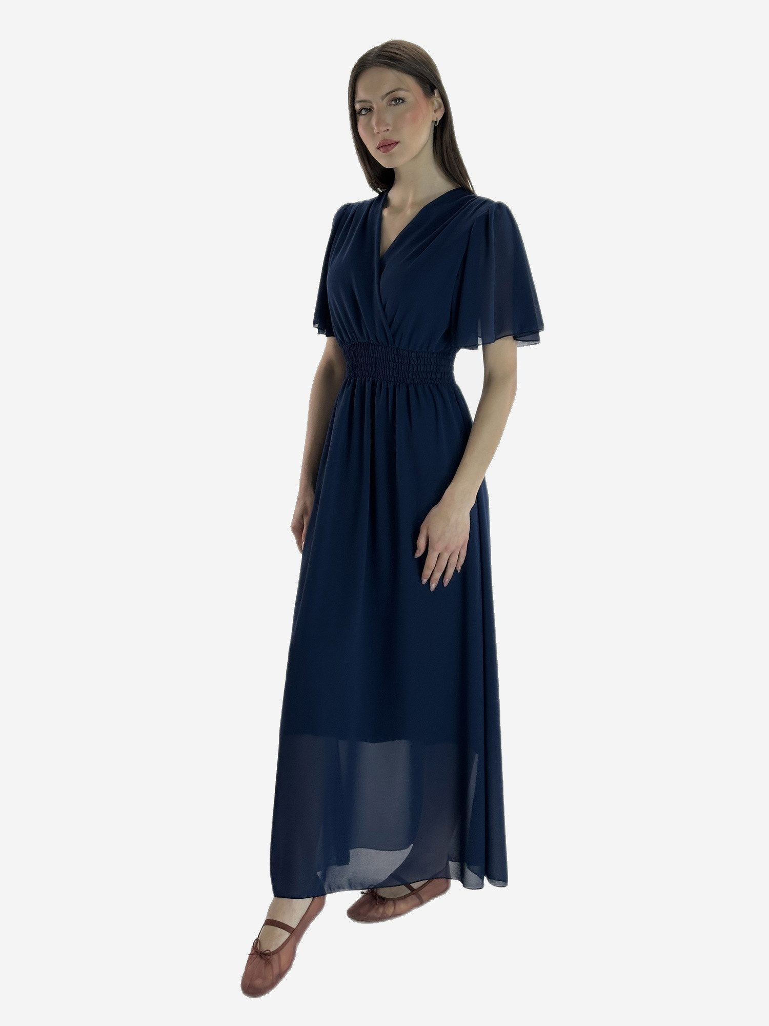 Elara Maxikleid — Damen Sommerkleid mit Wickeloptik, Smoktaille & Flügelärmeln (1-tlg) – Bild 3 von 5