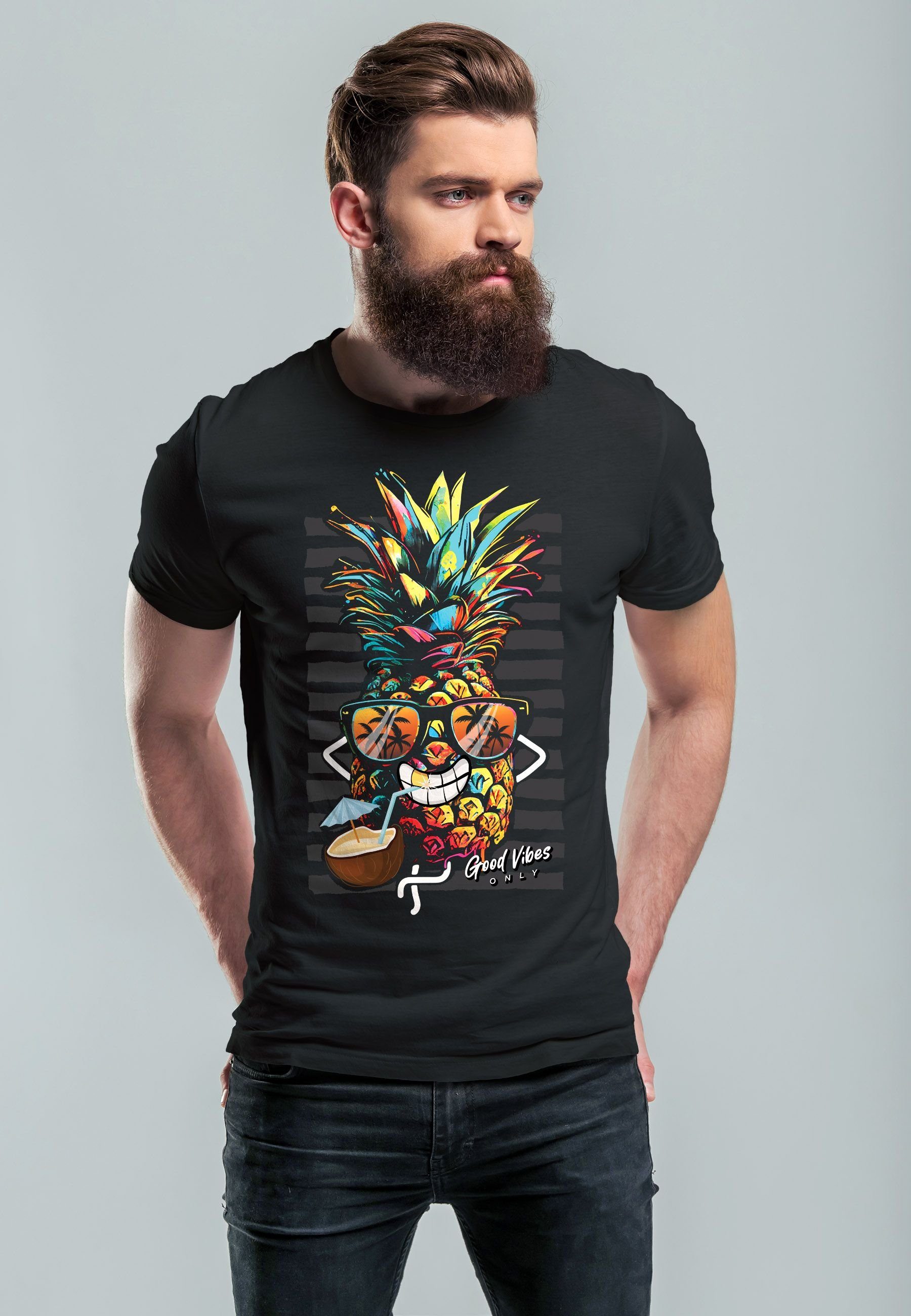 Neverless Print-Shirt Vibes Print Herren T-Shirt mit Good S Party Sonne Fashion Sommer Ananas Cocktail