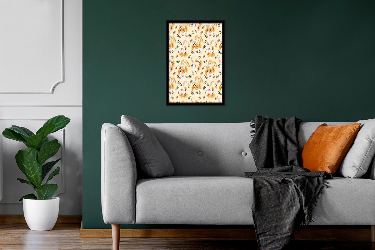 Blumen Orange, (1 MuchoWow Schwarzem Bilder, - Pastell Wandposter, - Wanddeko, St), Gerahmtes Bilderrahmen Poster, Poster