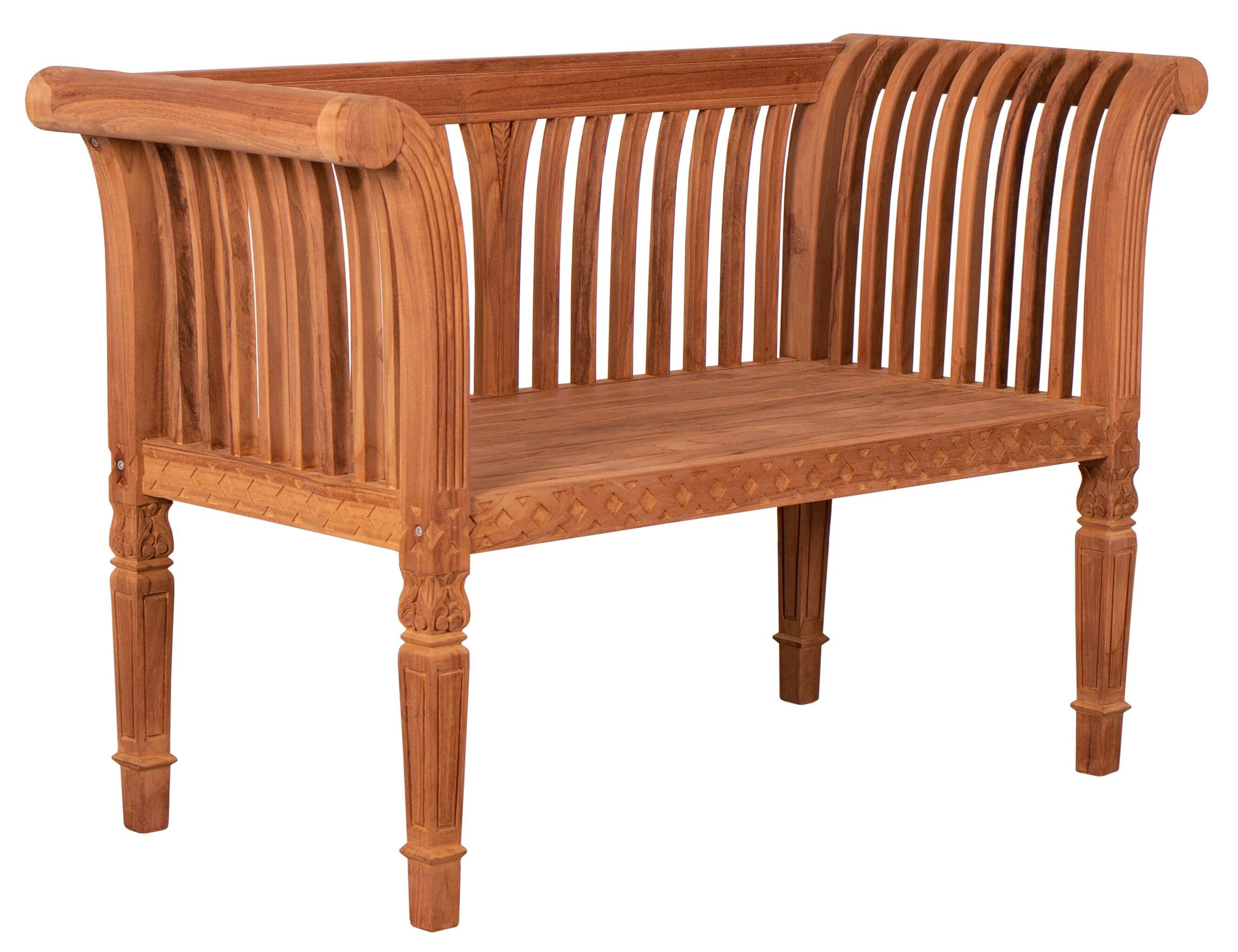 MR.DEKO Gartenbank Newport – Teakholz Bank 120 cm, geschnitzt, mediterran (2-Sitzer Bank, zerlegt geliefert, ideal für Terrasse, 1-St), Massive Sitzbank Garten und Balkon, 250 kg belastbar