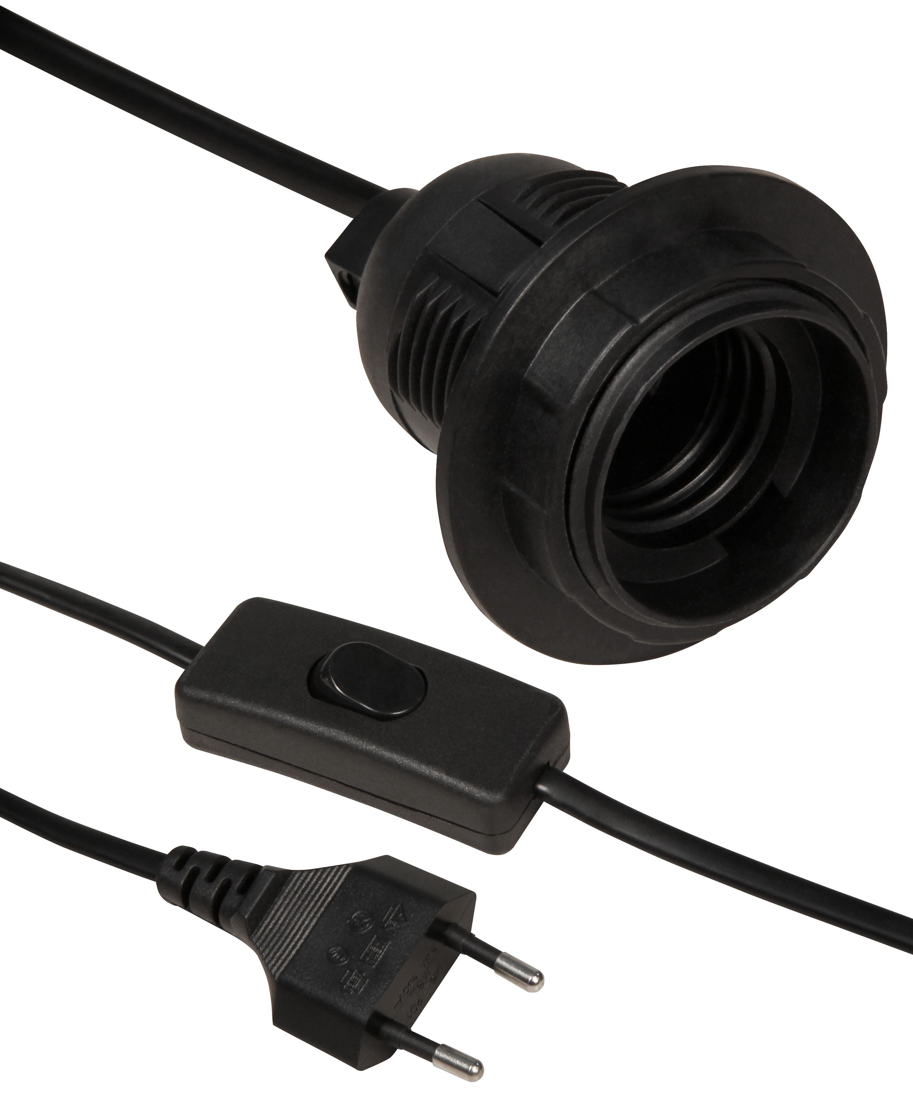 Lampenfassung Euro-Netzkabel mit Schnurschalter und E27 Fassung, 3,5m, schwarz