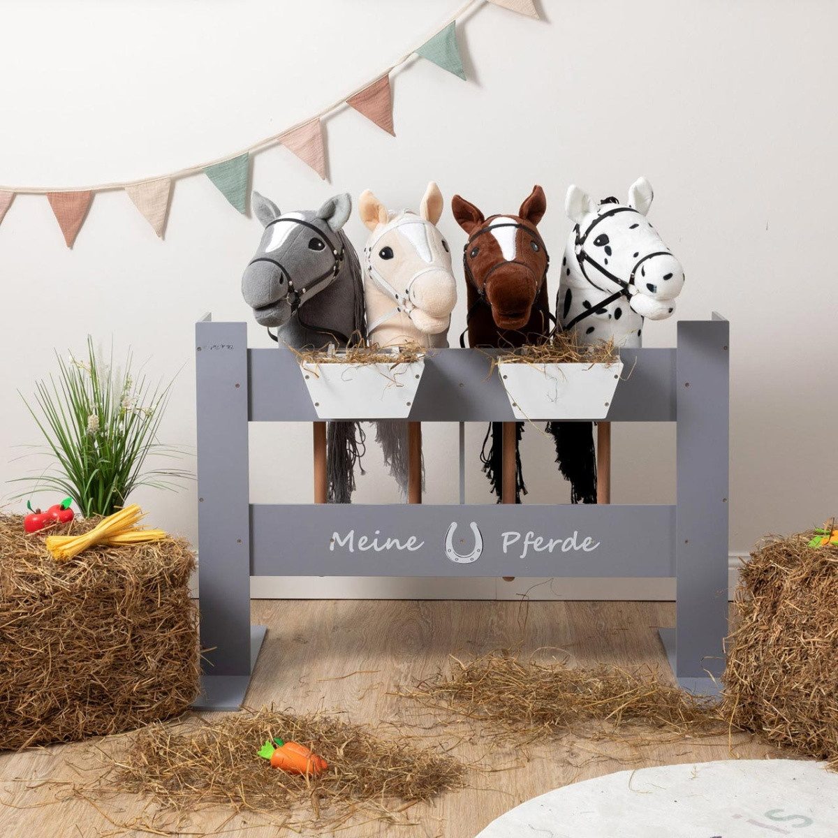 ELLA & PIET® Steckenpferd Hobby Horse Ständer FENCY aus Holz für 4 Pferde (Grau)