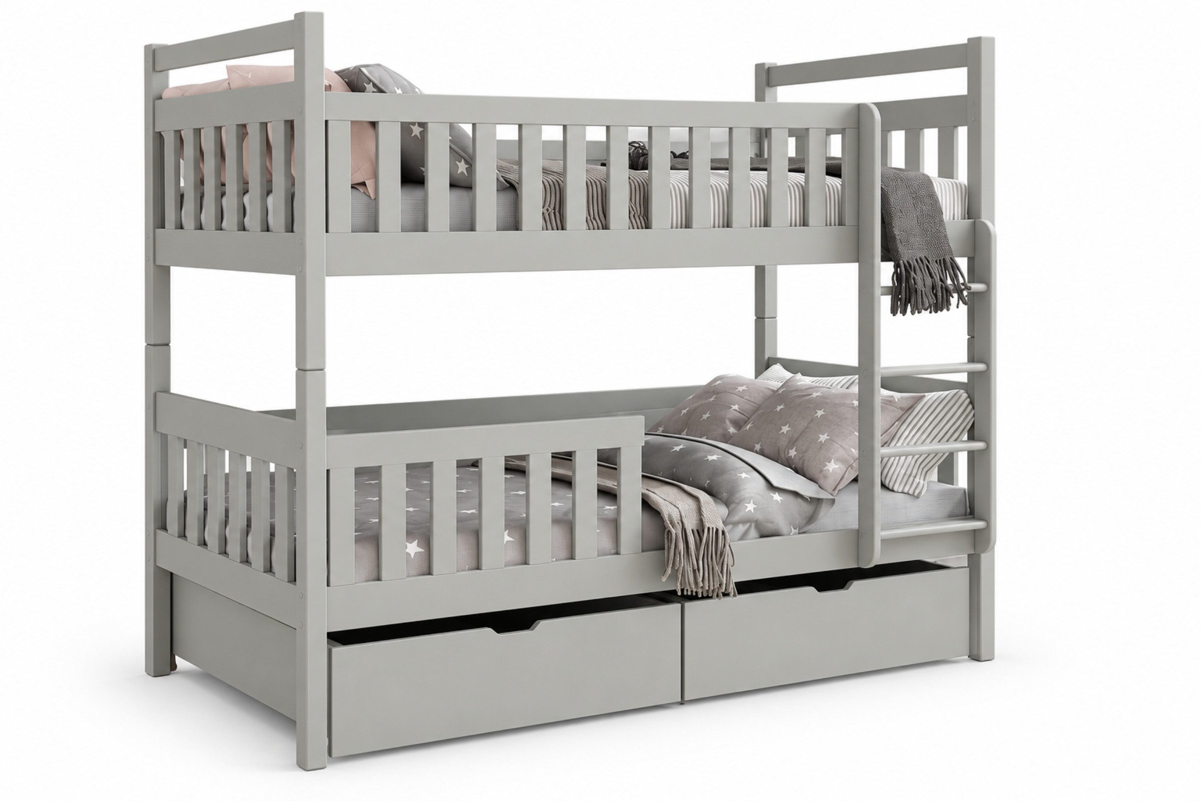 Deine Möbel 24 Etagenbett MICO für 2 Kinder 90x200 GRAU Hochbett Kinderbett aus Massivholz (Matratzen optional, Bett mit Lattenrost, 2 Schubladen, Leiter und Rausfallschutz), aus Vollholz Kiefernholz, in 2 Einzelbetten umbaubar