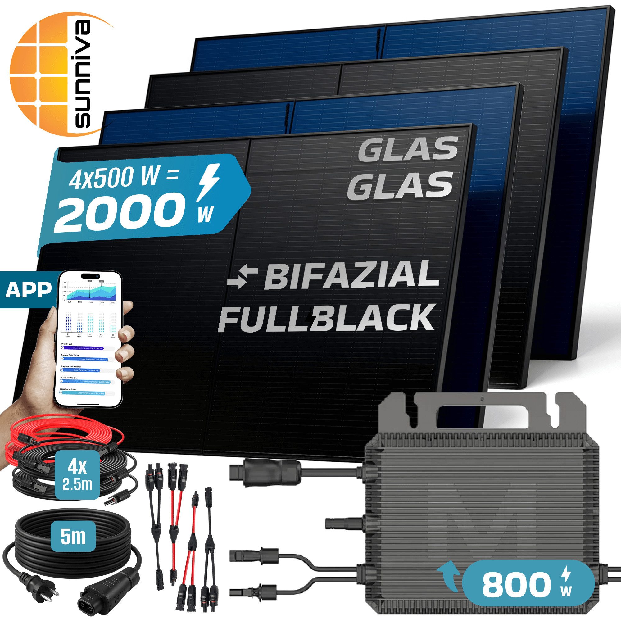 SUNNIVA Balkonkraftwerk 2000W BIFAZIAL FULLBLACK komplett Steckdose, (MARSTEK 800W Wechselrichter, PV Solaranlage, 4x 500W Glas-Glas Solarmodule, inkl. 5m Kabel, Bluetooth WIFI, Komplettset)