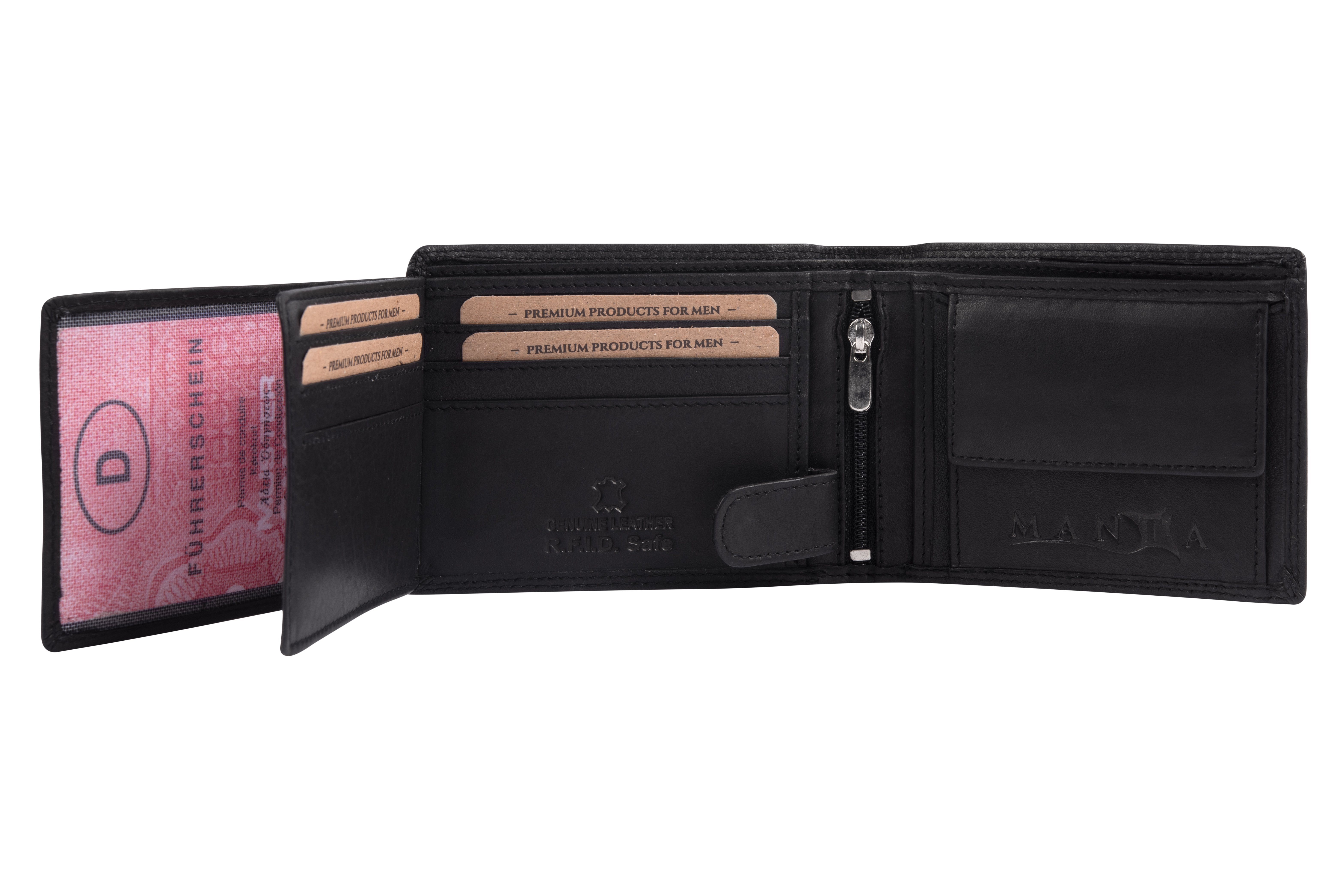 MANTA Geldbörse Premium aus + Schutz Safe RFID Echtes Leder Herrengeldbeutel RFID Black Brieftasche, Echtleder