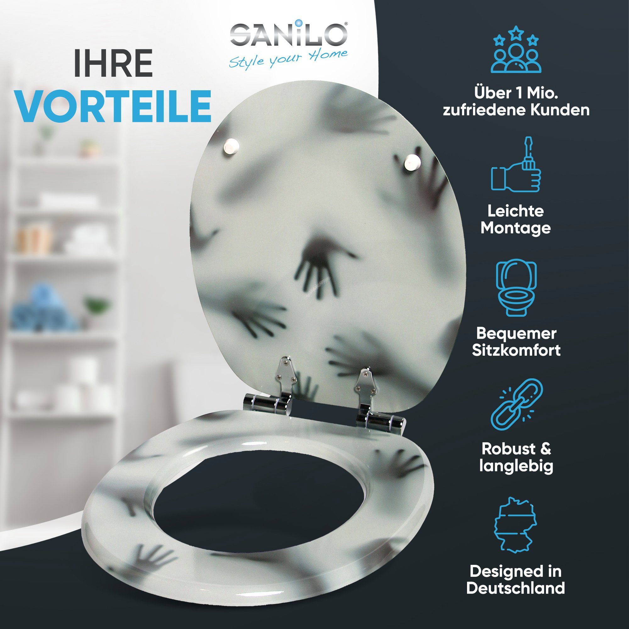 Sanilo WC-Sitz Shadow Hands mit Absenkautomatik, Toilettendeckel vom Hersteller, hochwertig & modern mit Motiv, universell, leichte Montage