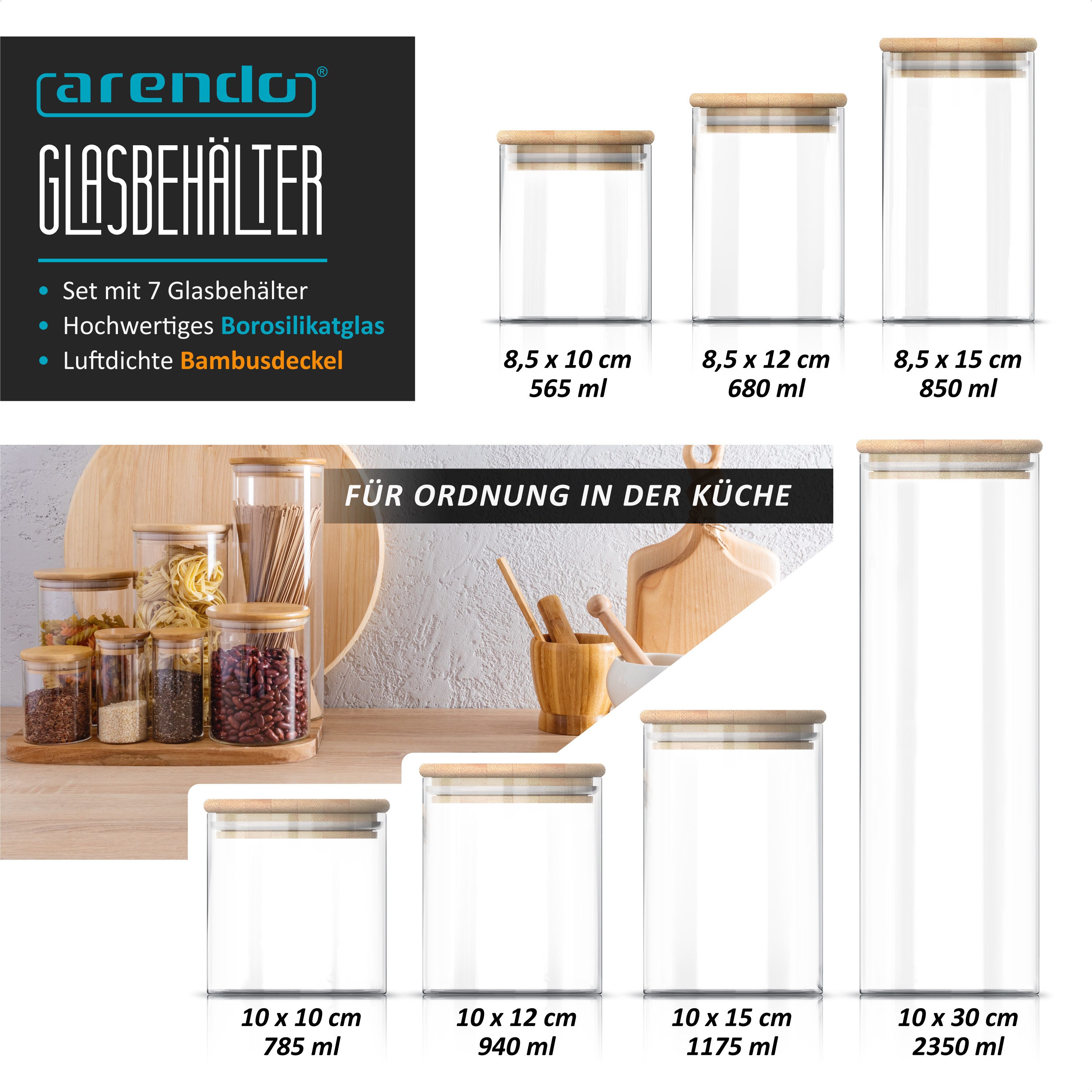 Arendo Aufbewahrungsbecher Glasbehälter-Set 0,56 bis 2,35L Borosilikat rund mit Bambusdeckel, Borosilikatglas, Bambus, Silikon, (Vorratsbehälter-Set, 7-tlg., 7e – Bild 2 von 5