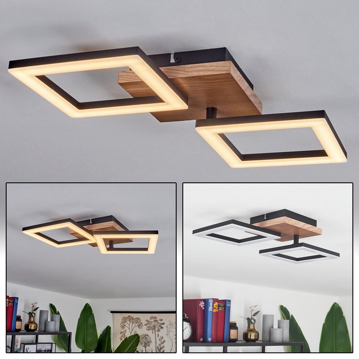 Leuchte Schwarz/Natur/Opal, 3000 hofstein eckige »Voghenza« Holzelementen, mit Deckenlampe Lumen Kelvin, 1200 verstellbaren Deckenleuchte Metall/Kunststoff/Holz, aus