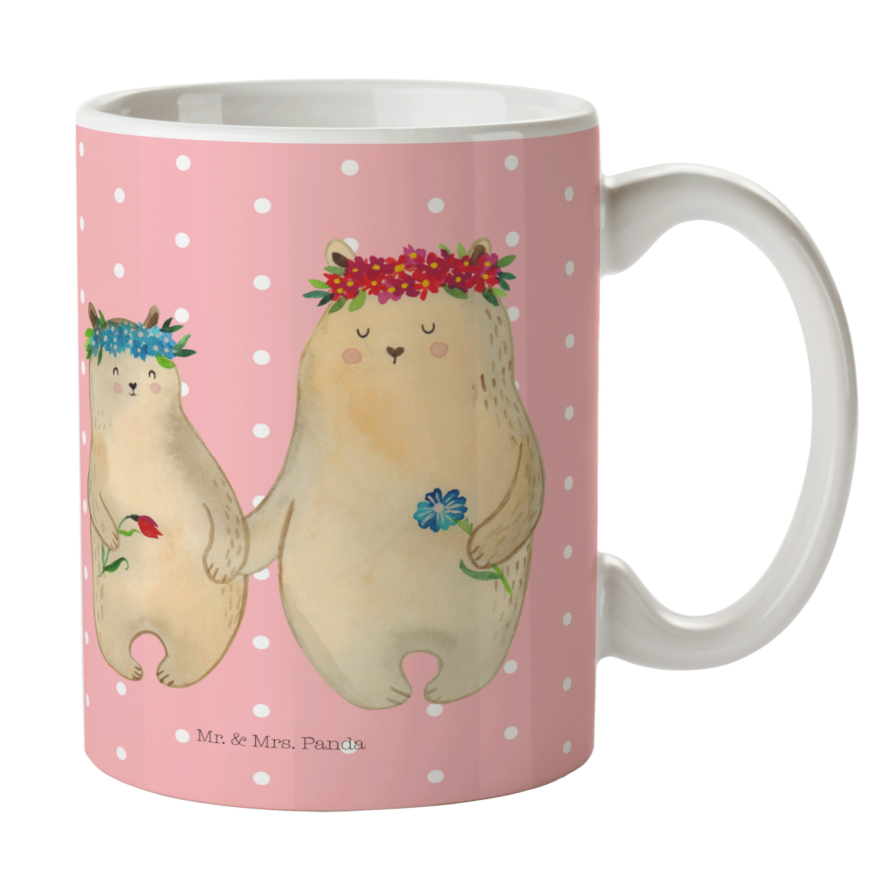 Mr. & Mrs. Panda Tasse Bären mit Blumenkranz - Rot Pastell - Geschenk, Familie, Porzellantas, Keramik | Tassen