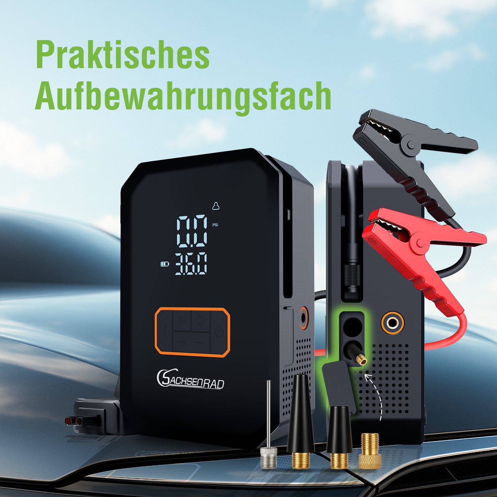 Leicke Fahrradpumpe Mobiler Kompressor 150 PSI mit integrierter Starthilfe, LED-Notlicht und Luftdüsen für Benziner bis 6,0L und Diesel bis 3,0L